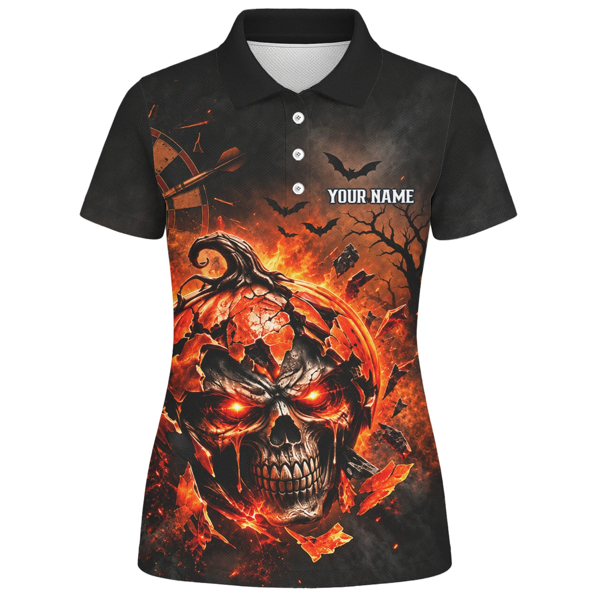 Personalisiertes Dartshirt in Schwarz und Orange mit flammendem Kürbis-Totenkopf und Dartscheibe für Damen S4076