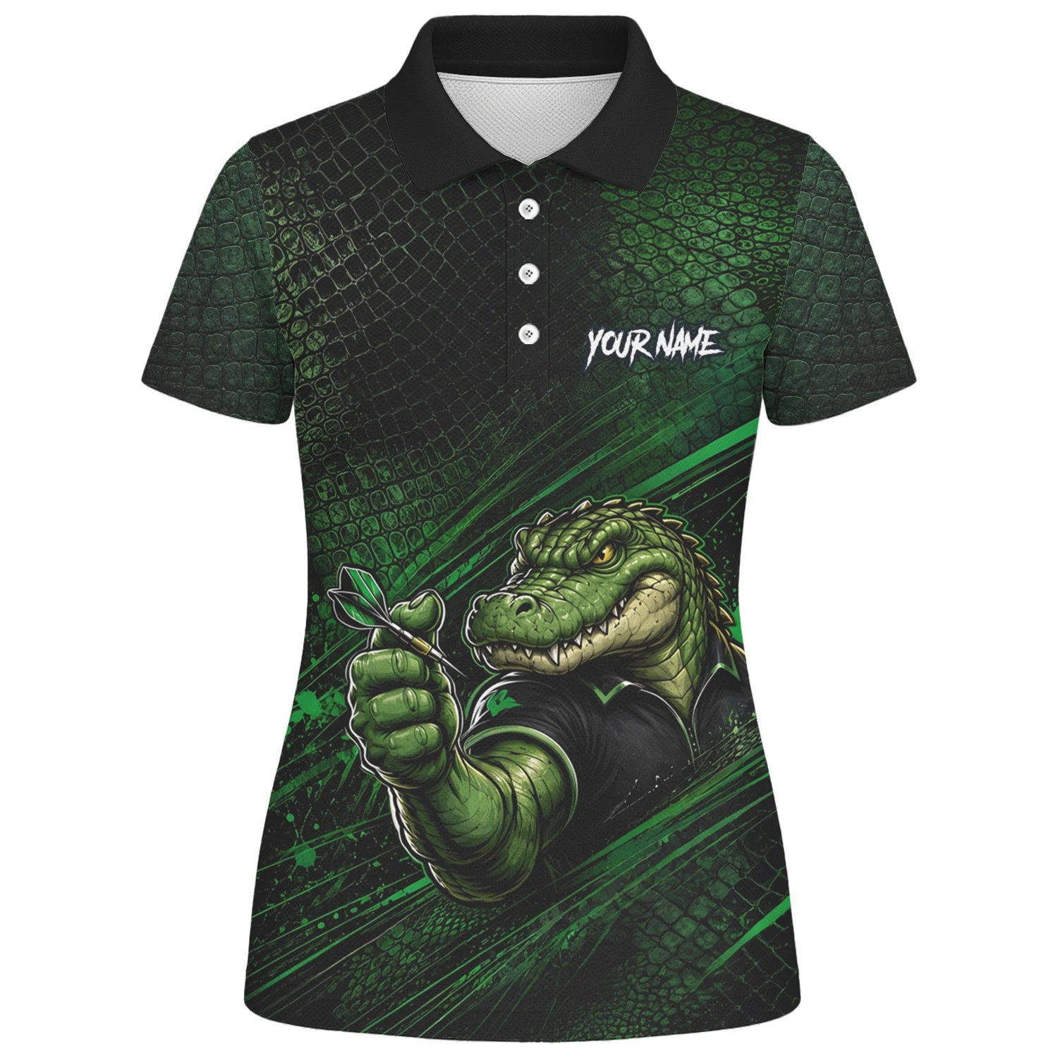 Personalisiertes Grün-schwarzes Alligator-Dartspieler-Dartshirt für Damen I987