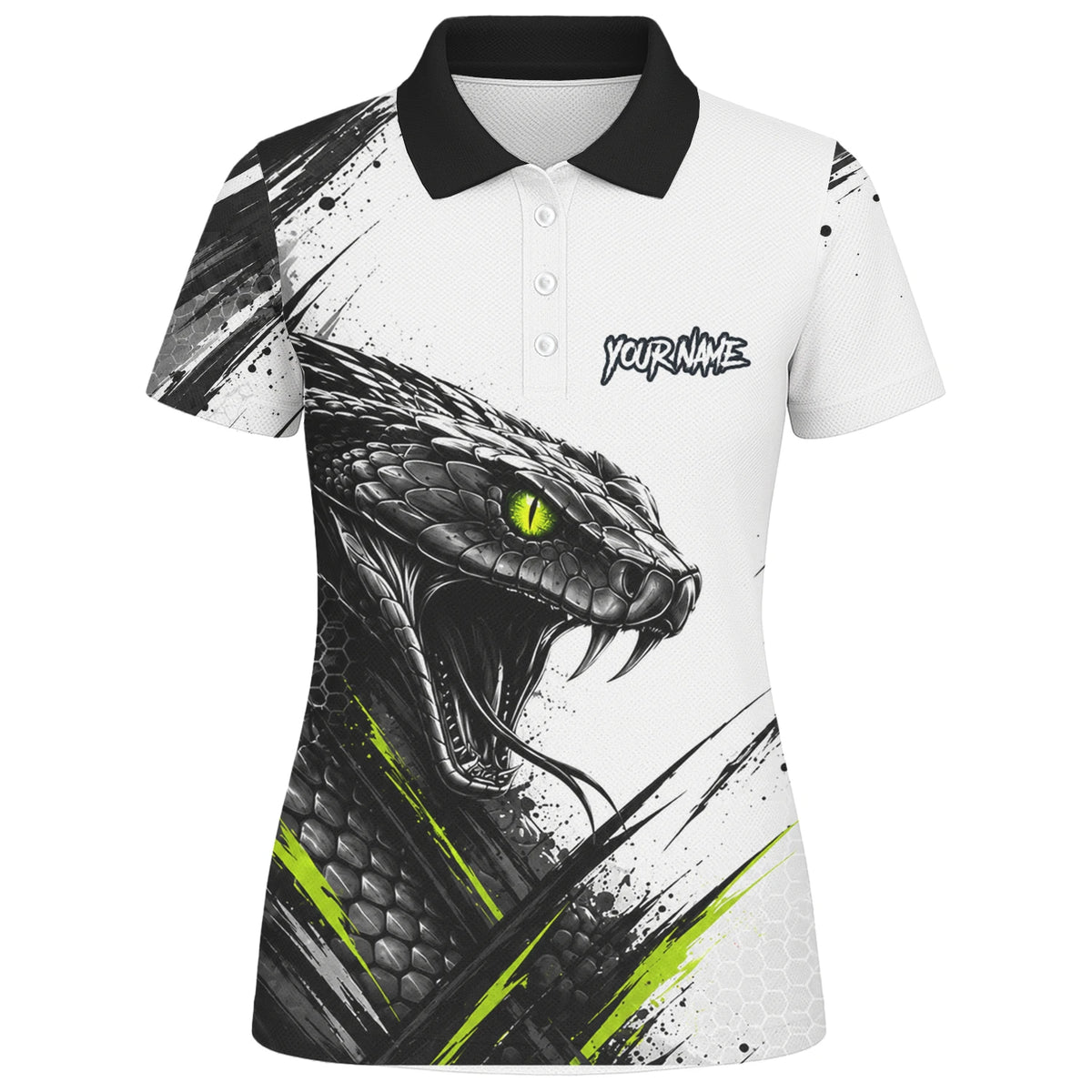 Personalisiertes Dartshirt mit weiß-schwarz-grüner Kobra für Damen I051