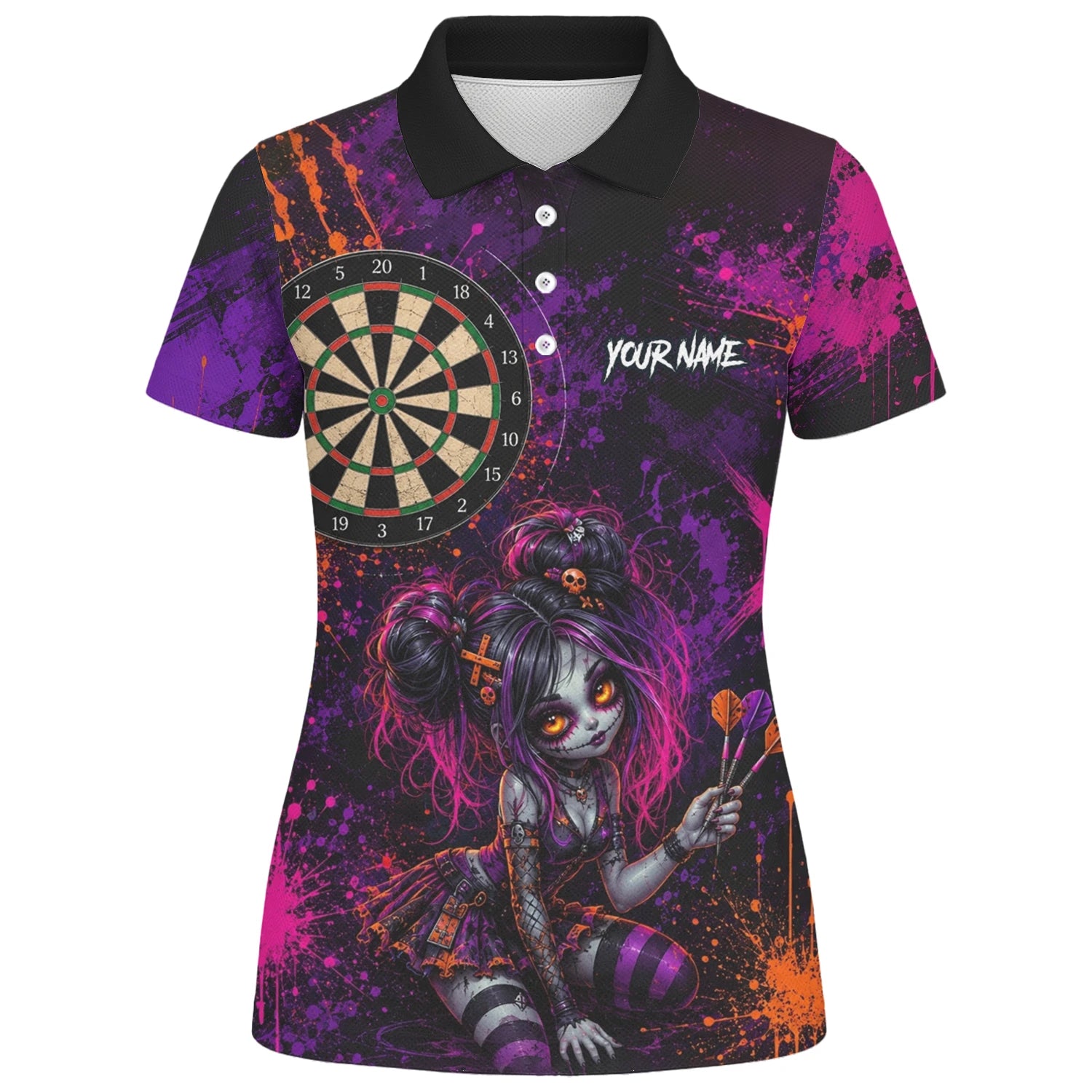 Personalisiertes Schwarz-lila-pink-oranges Gothic-Dartshirt für Damen Z641