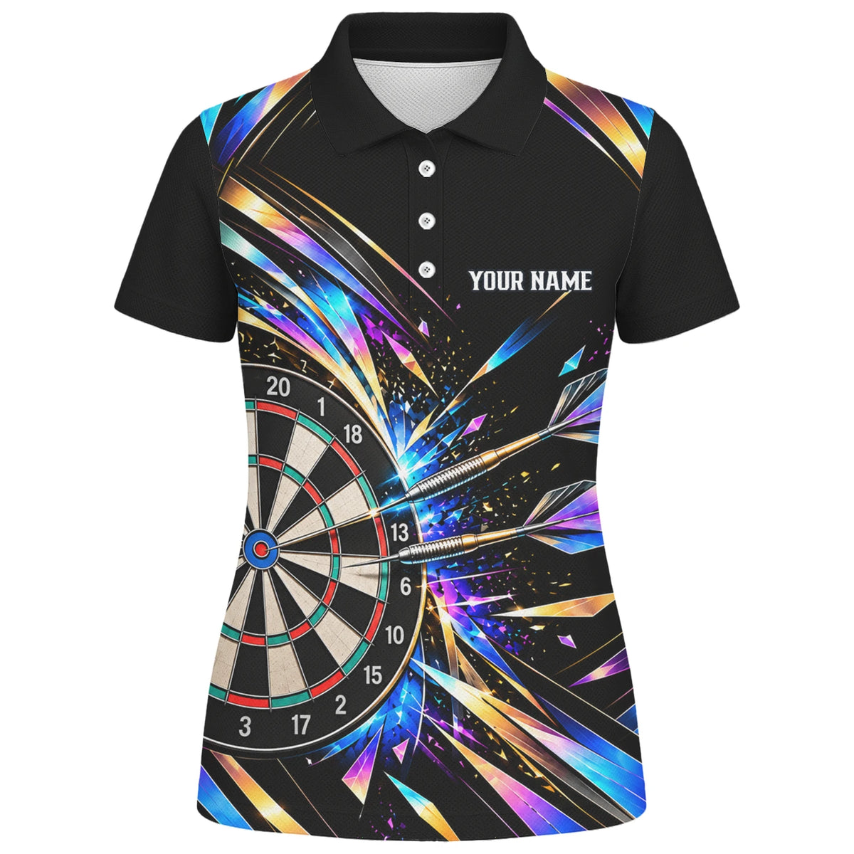 Personalisiertes Dartshirt in Schwarz mit bunten geometrischen Splittern und Dartscheibe für Damen L2897