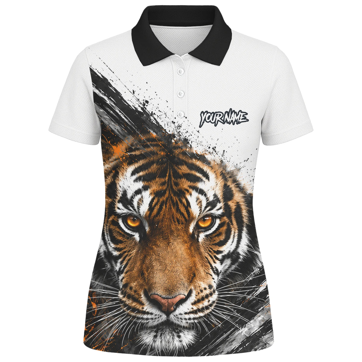 Personalisiertes Dartshirt mit weiß-schwarz-orangenem Tiger für Damen N832