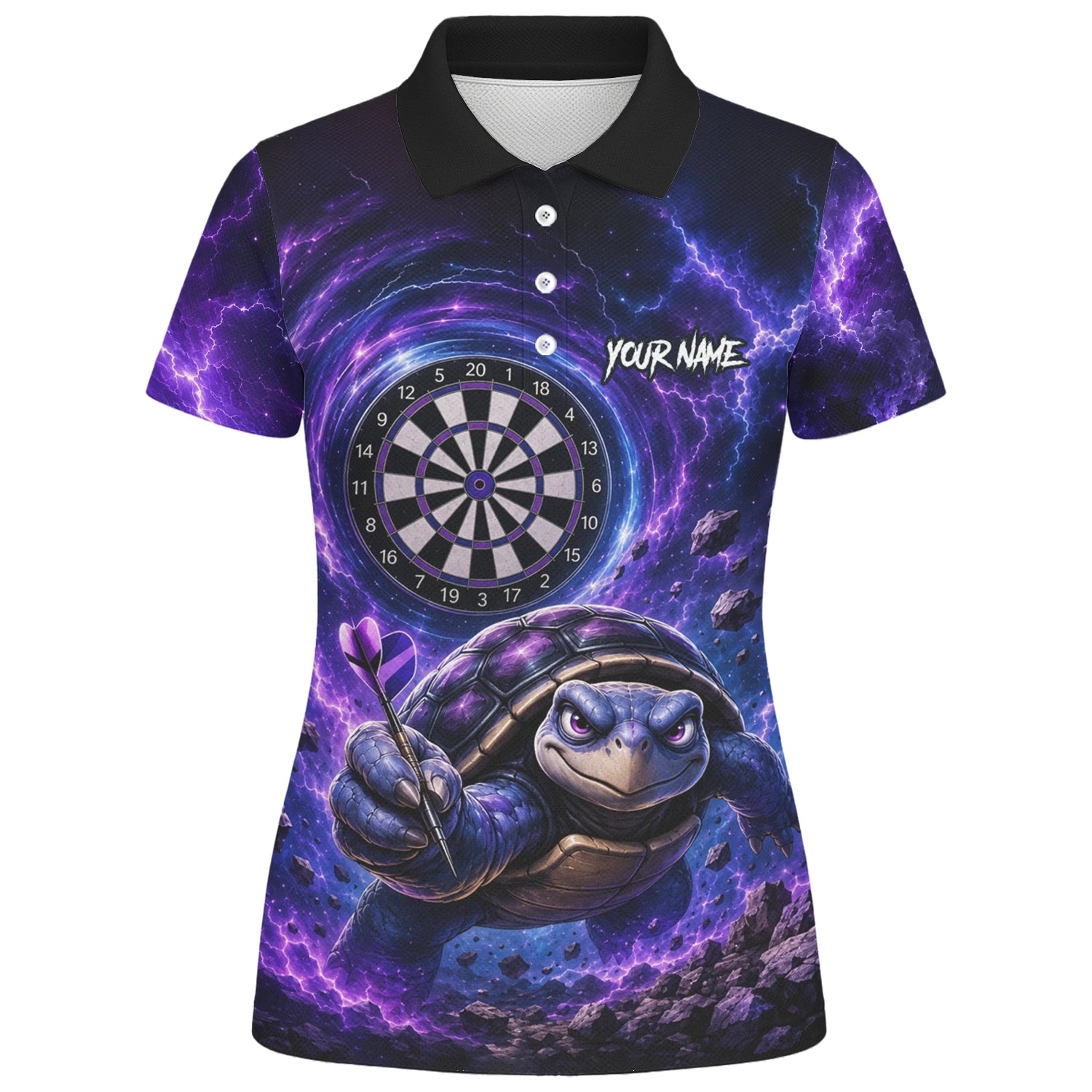 Personalisiertes Lila-schwarzes Schildkröten-Dartshirt für Damen F796
