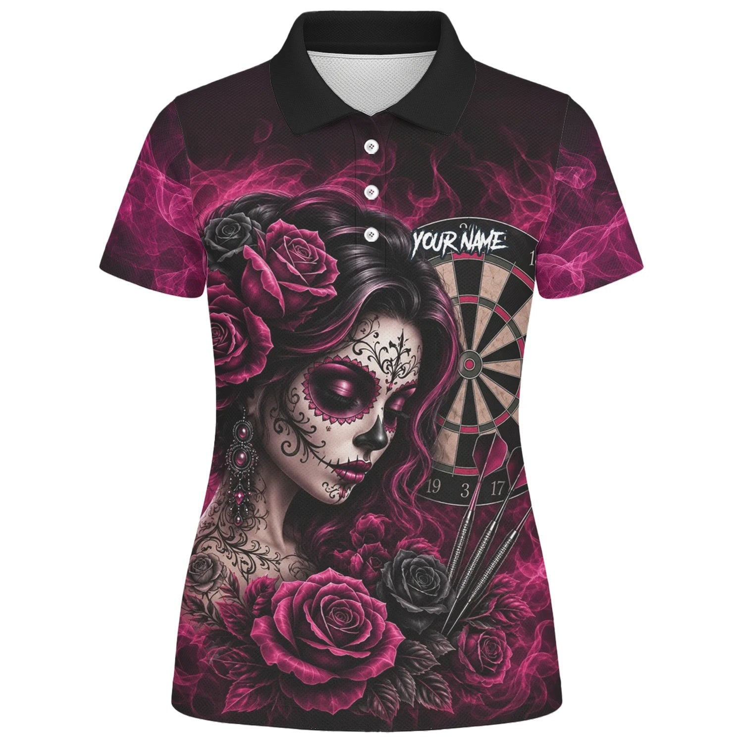 Personalisiertes Schwarz-pink Sugar-Skull-Rosen-Dartshirt für Damen Z109