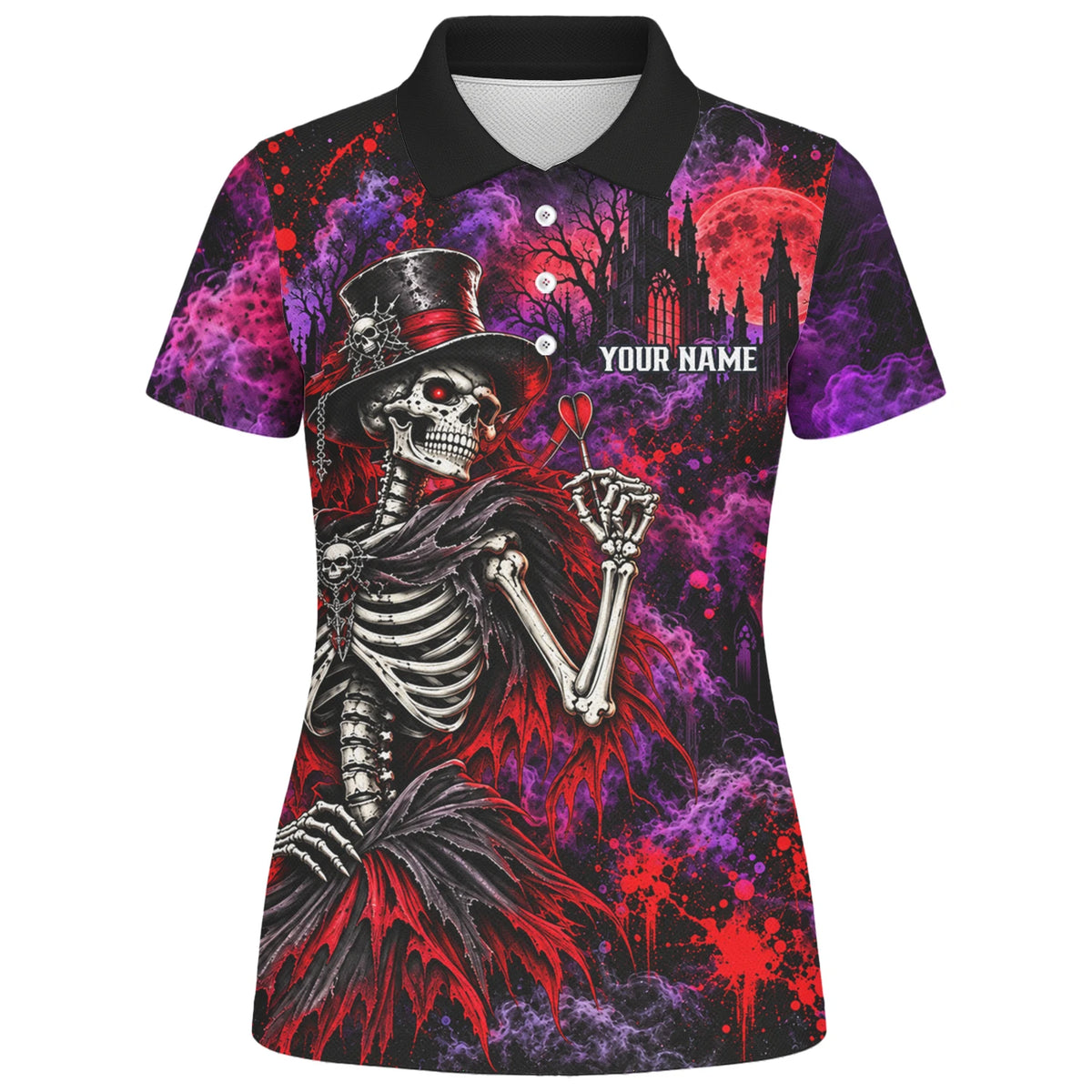 Personalisiertes Dartshirt in Schwarz, Rot und Lila mit Skelett, Zylinder und Dartscheibe für Damen P3058