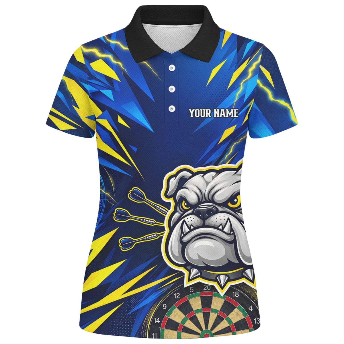 Personalisiertes Dartshirt in Blau und Gelb mit Bulldogge, Blitzen und Dartscheibe für Damen H1141