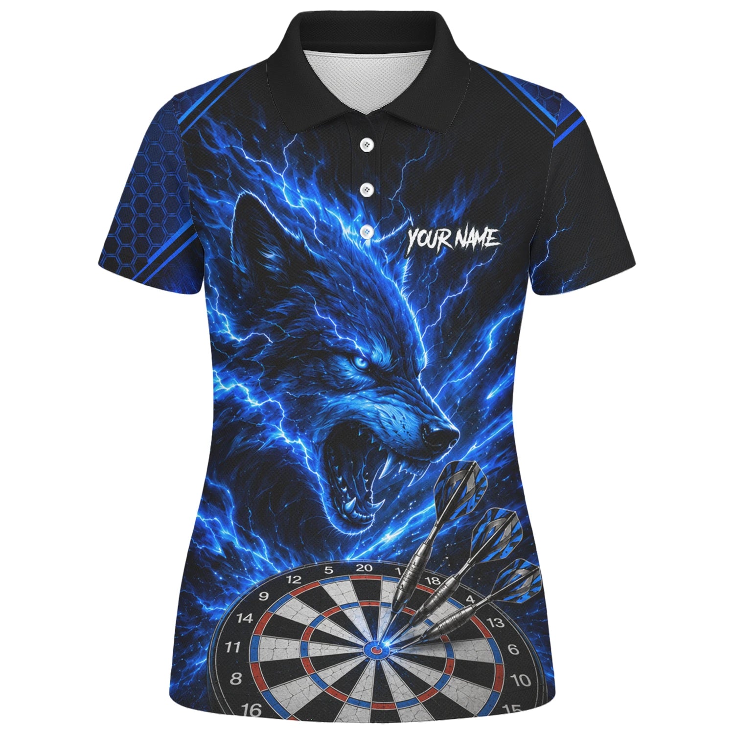 Personalisiertes Schwarz-blaues Wolf-Blitz-Dartshirt für Damen Y375