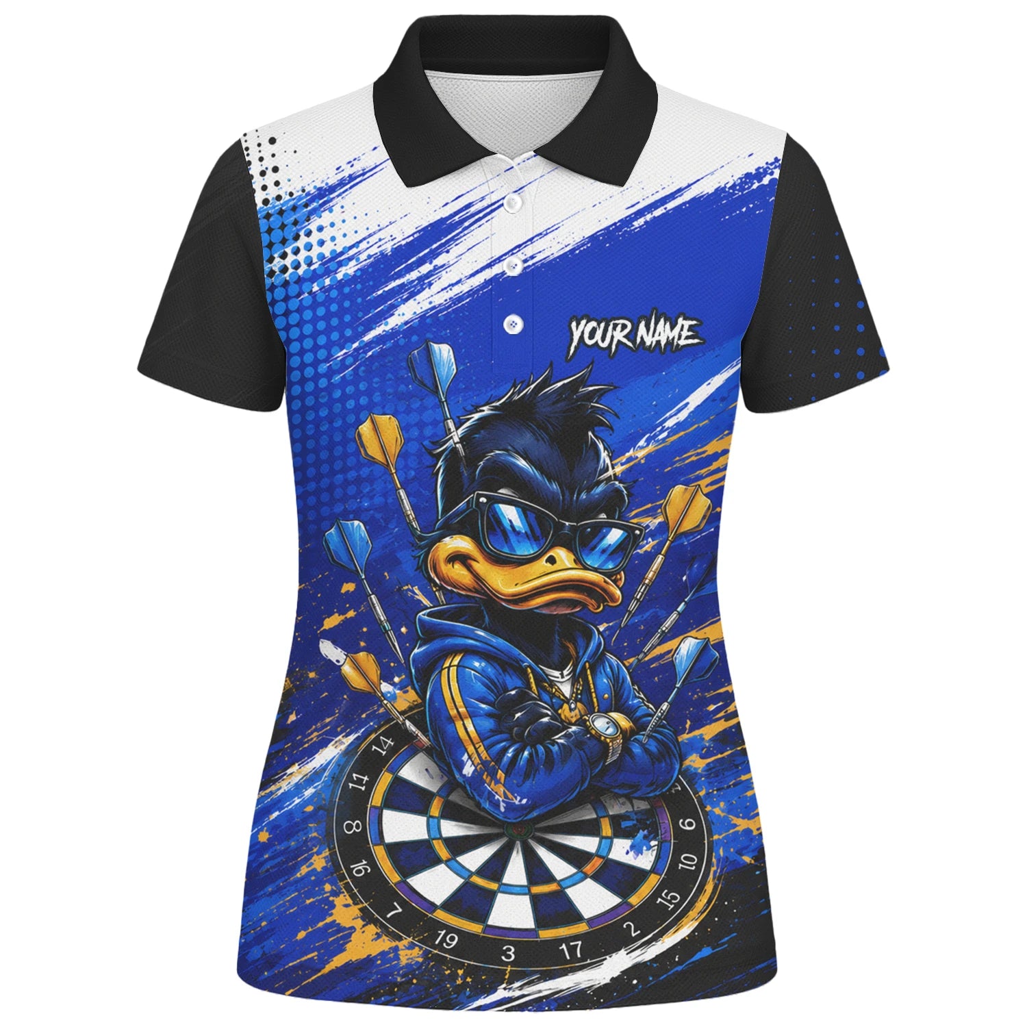 Personalisiertes Blau-goldenes Enten Dart Poloshirt für Damen L859