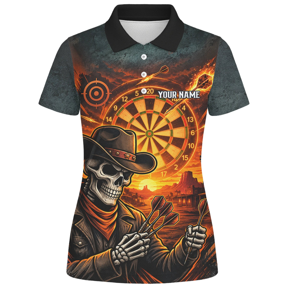 Personalisiertes Dartshirt in Schwarz und Orange mit Western-Cowboy-Totenkopf und Dartscheibe für Damen L8691