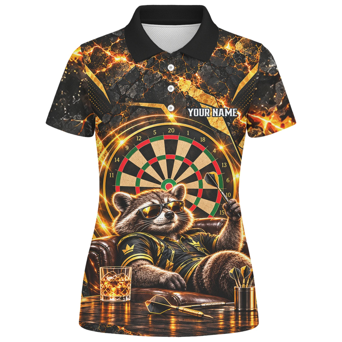 Personalisiertes Dartshirt mit schwarz-goldenem Waschbären und Dartscheibe für Damen B7615
