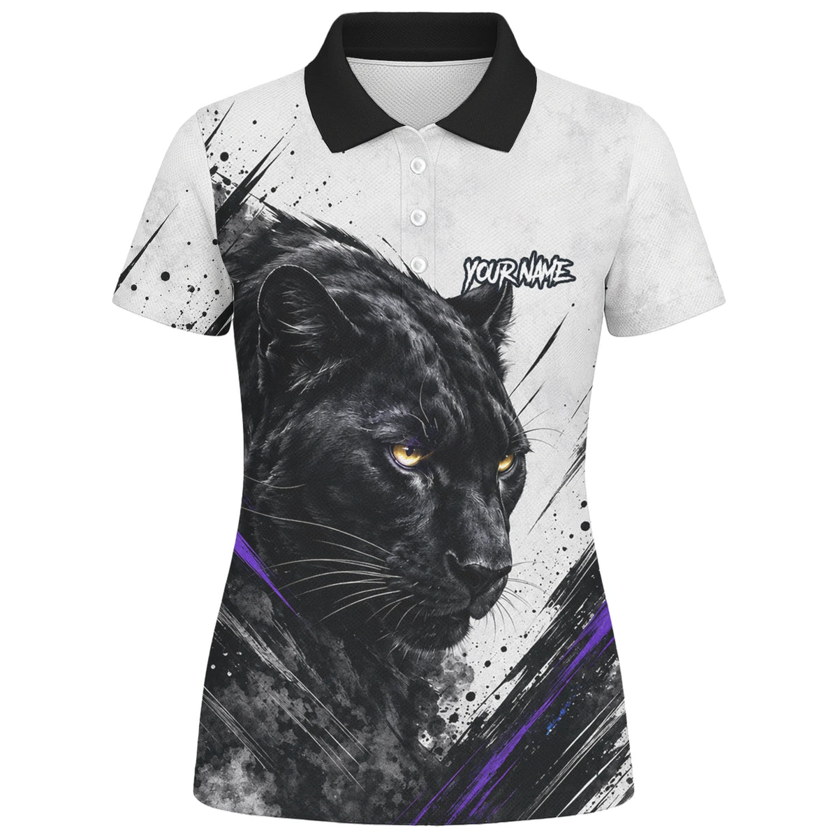 Personalisiertes Dartshirt mit weiß-schwarz-violettem Panther für Damen W442