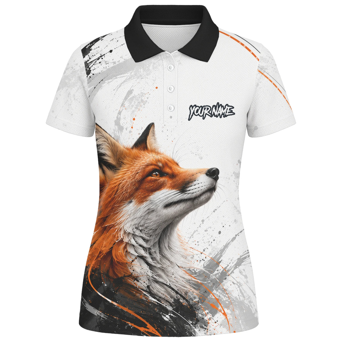 Personalisiertes Dartshirt mit weiß-schwarz-orangenem Fuchs für Damen D228
