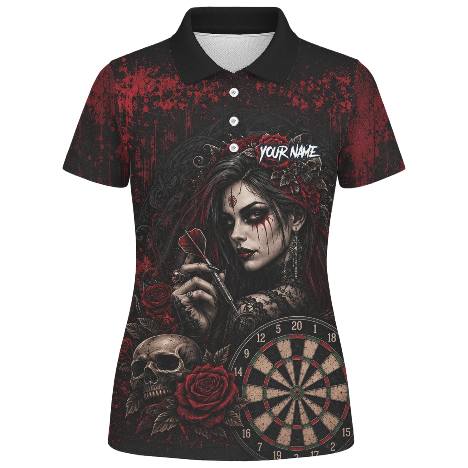 Personalisiertes Schwarz-rotes Gothic-Frauen-Totenkopf-Dartshirt für Damen W035