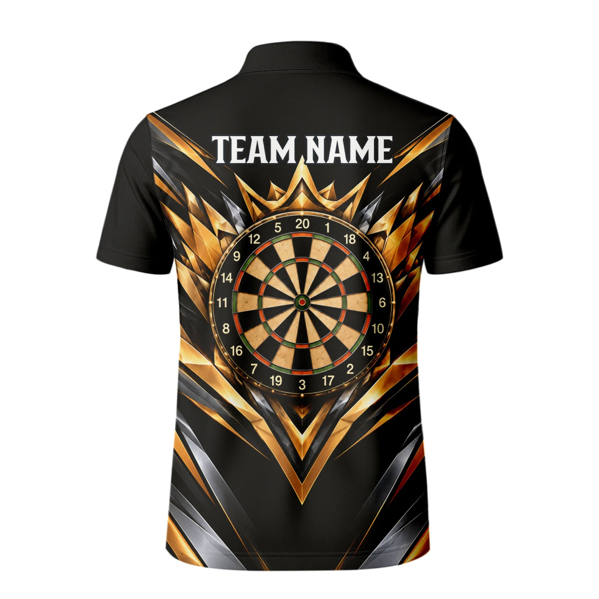 Personalisiertes Dartshirt in Schwarz, Gold und Weiß mit geometrischen Linien, Dartpfeilen, Krone und Dartscheibe für Herren V3775