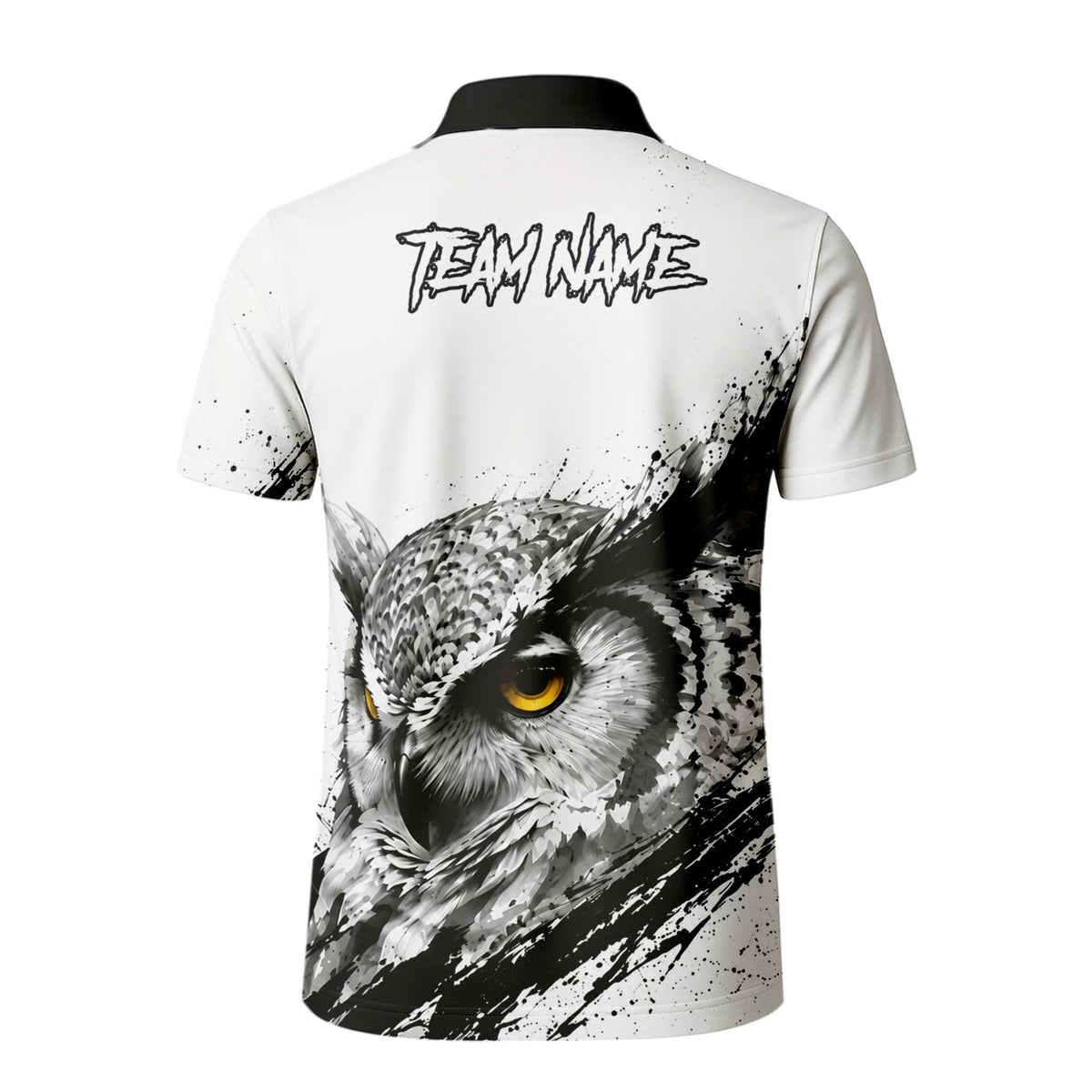 Personalisiertes Dartshirt mit weiß-schwarz-gelber Eule für Herren P128