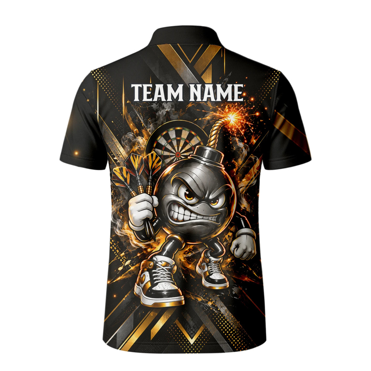 Personalisiertes Dartshirt in Schwarz und Gold mit wütender Comic-Bombe, Pokal und Dartscheibe für Herren R0150
