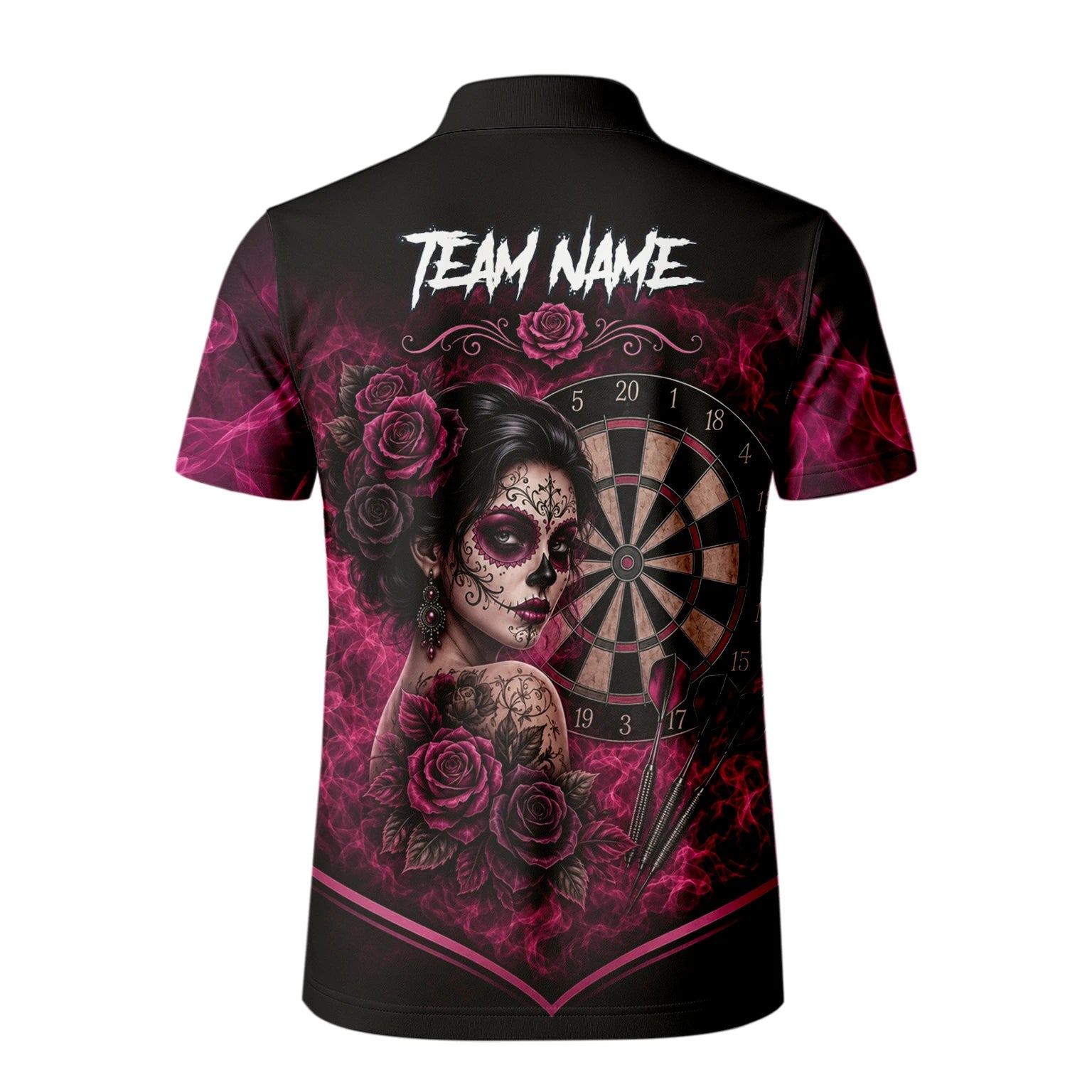 Personalisiertes Schwarz-pink Sugar-Skull-Rosen-Dartshirt für Herren Z109