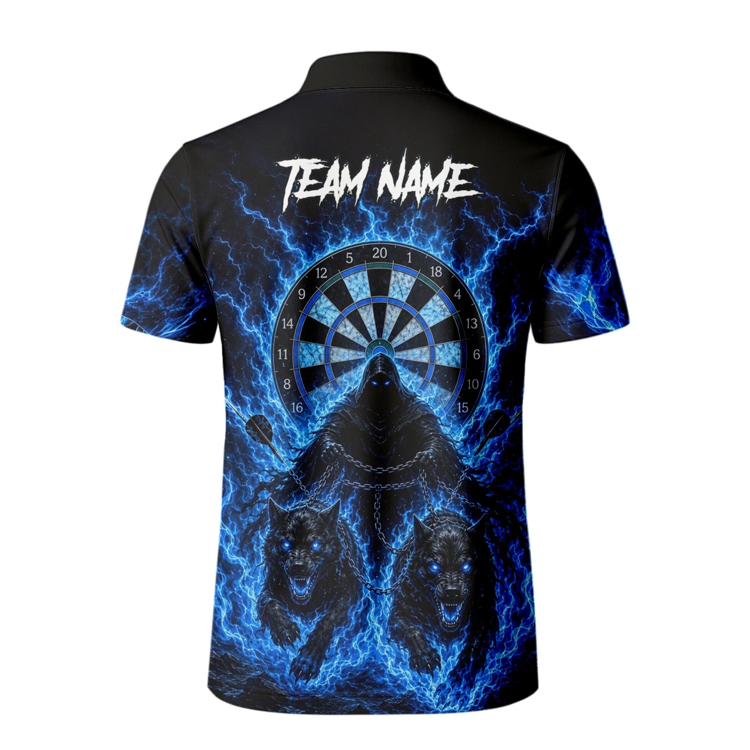 Personalisiertes Schwarz-blaues Sensenmann-und-Wölfe-Dartshirt für Herren X871