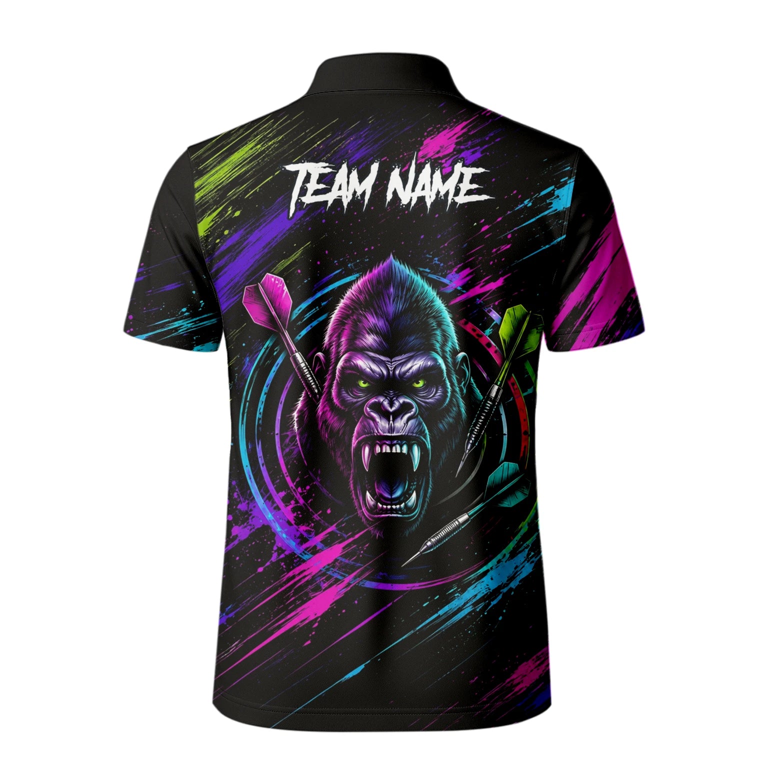 Personalisiertes Schwarz-pink-lila Gorilla-Dartshirt für Herren U874