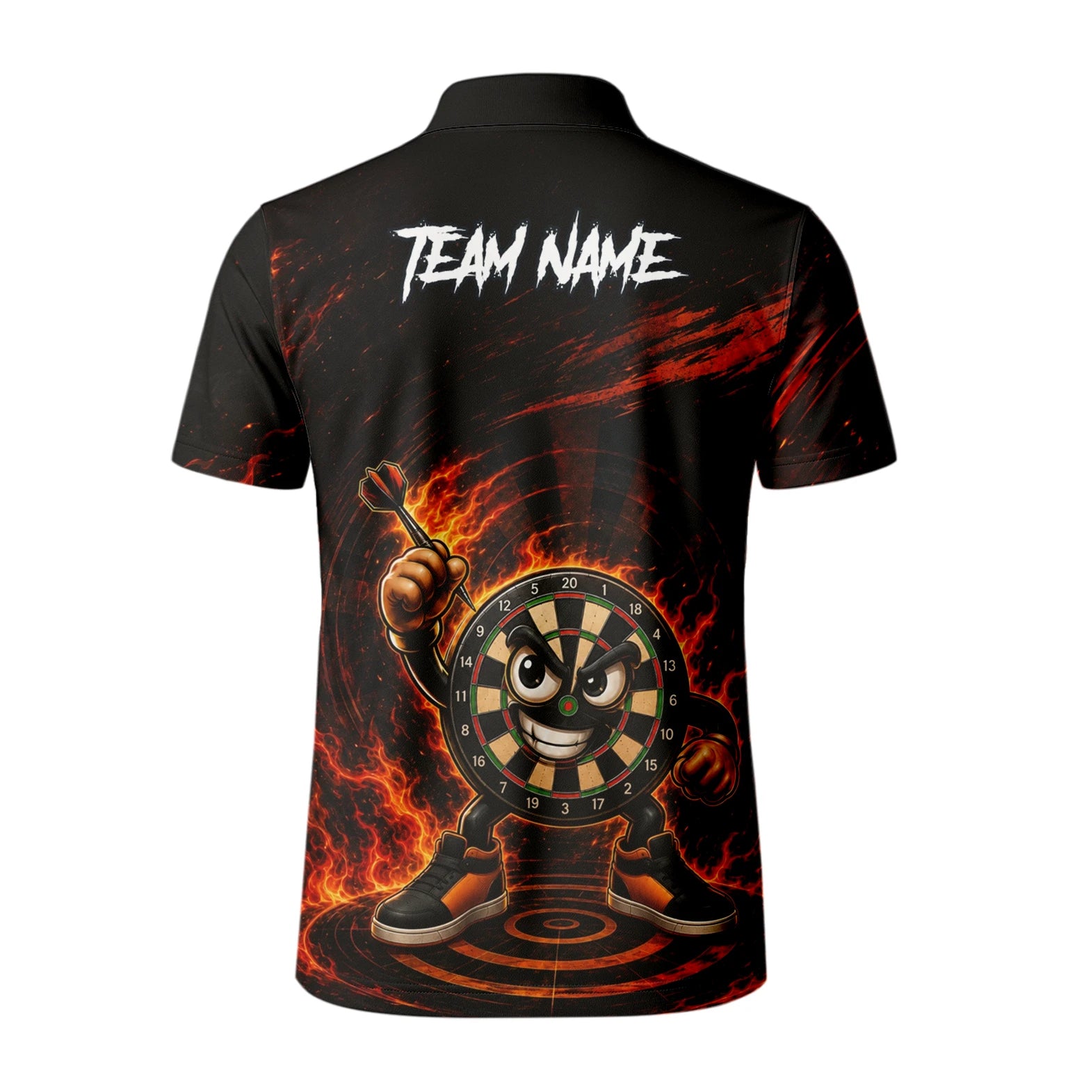 Personalisiertes Schwarz-rotes Flammen-Dartboard-Dartshirt für Herren W224