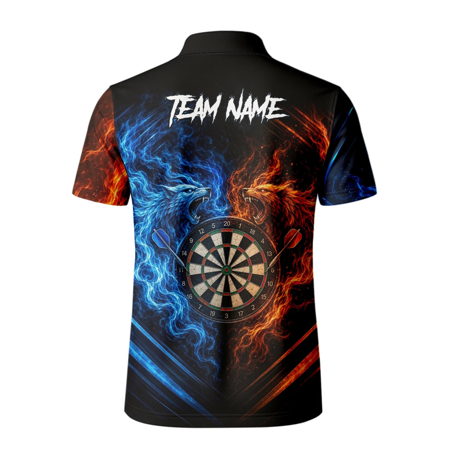 Personalisiertes Blau-oranges Wolf-Flammen-Dartboard Dartshirt für Herren A749