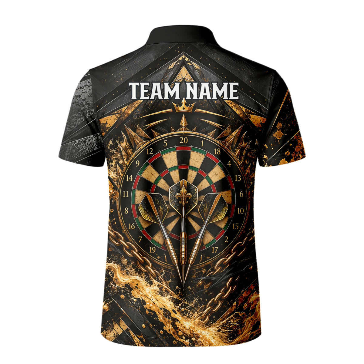 Personalisiertes Dartshirt in Schwarz und Gold mit Piraten-Totenkopf und Dartscheibe für Herren X7403