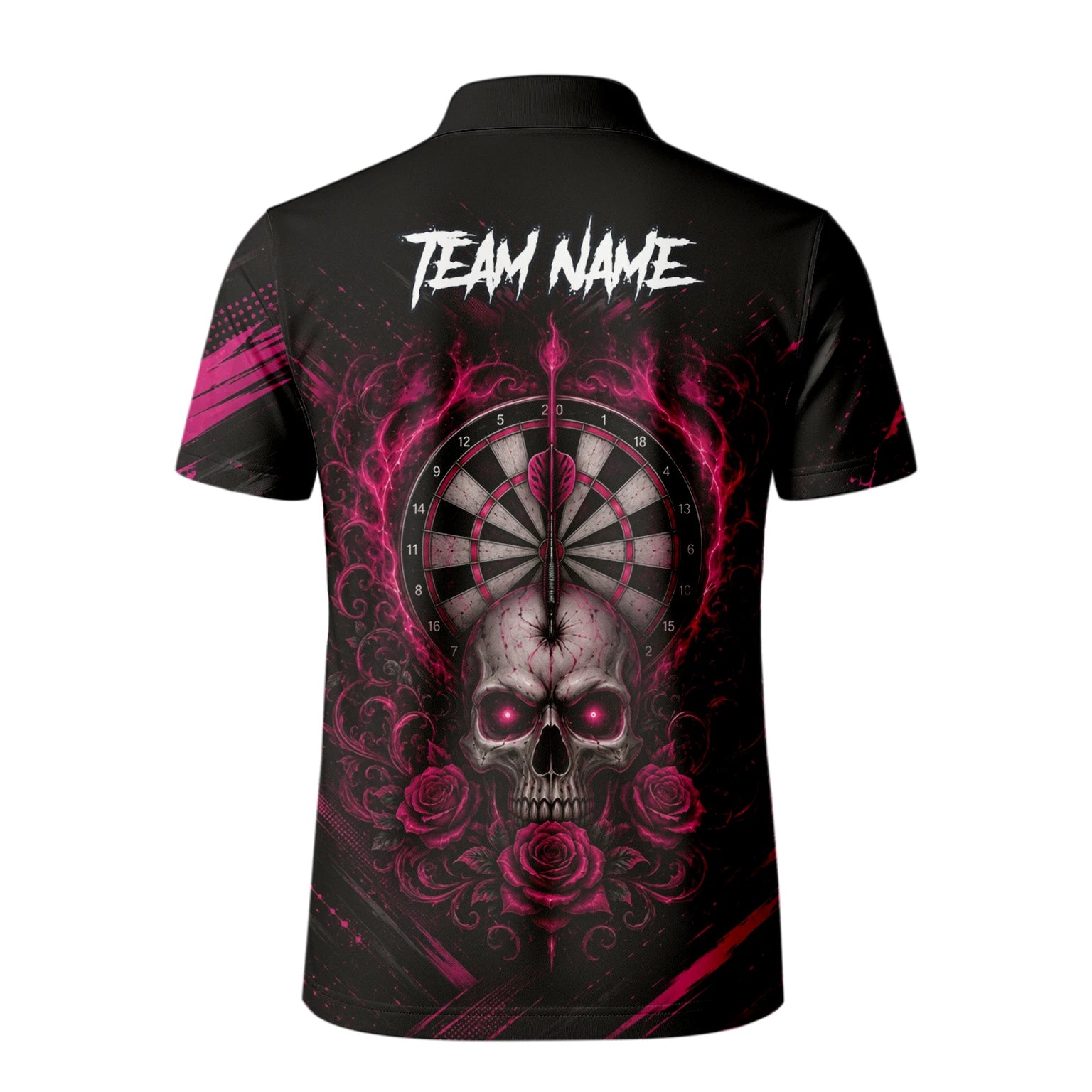 Personalisiertes Schwarz-pink Totenkopf-und-Rosen-Dartshirt für Herren V308