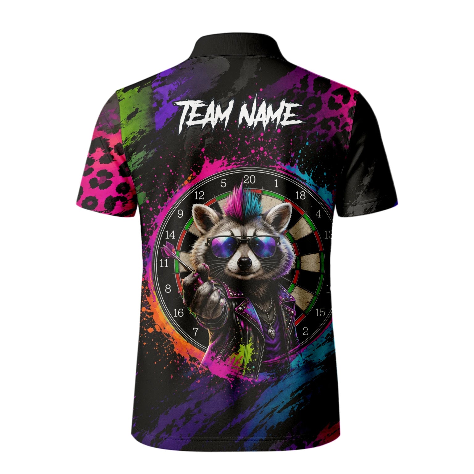 Personalisiertes Schwarz-buntes Punk-Waschbär-Dartboard Dartshirt für Herren E164