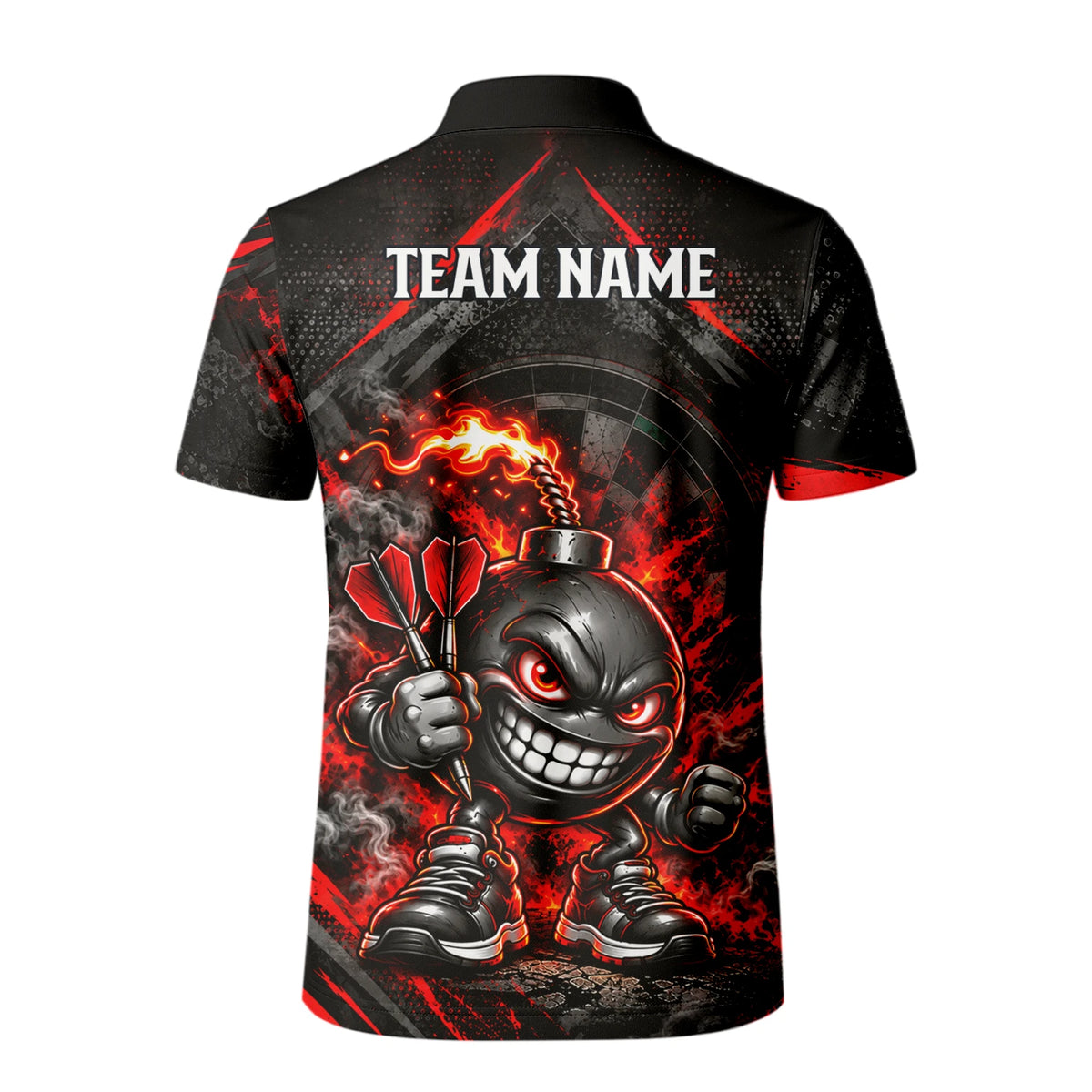 Personalisiertes Dartshirt in Schwarz und Rot mit feurigen Comic-Bomben und Dartscheibe für Herren U4656