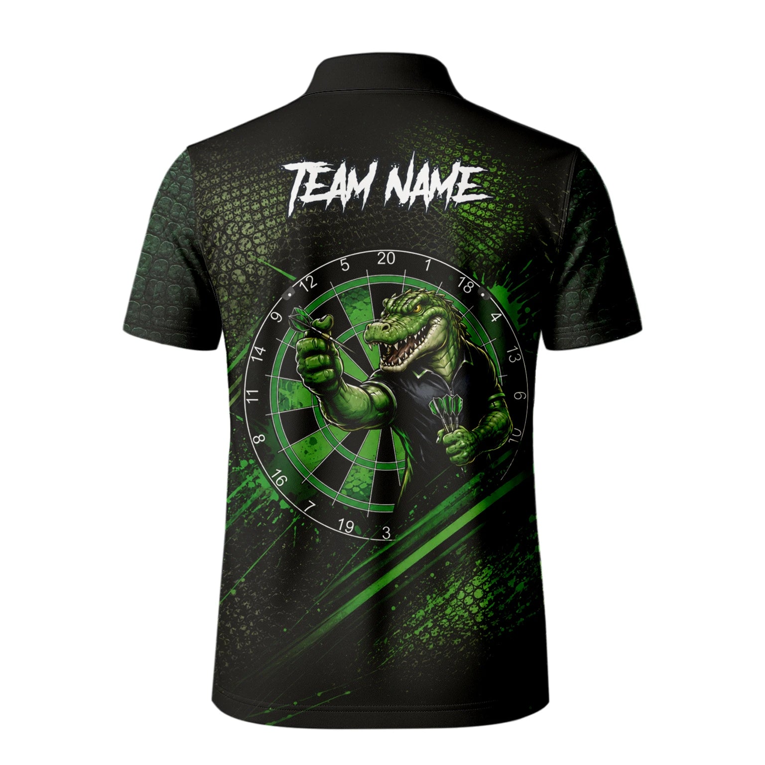 Personalisiertes Grün-schwarzes Alligator-Dartspieler-Dartshirt für Herren I987