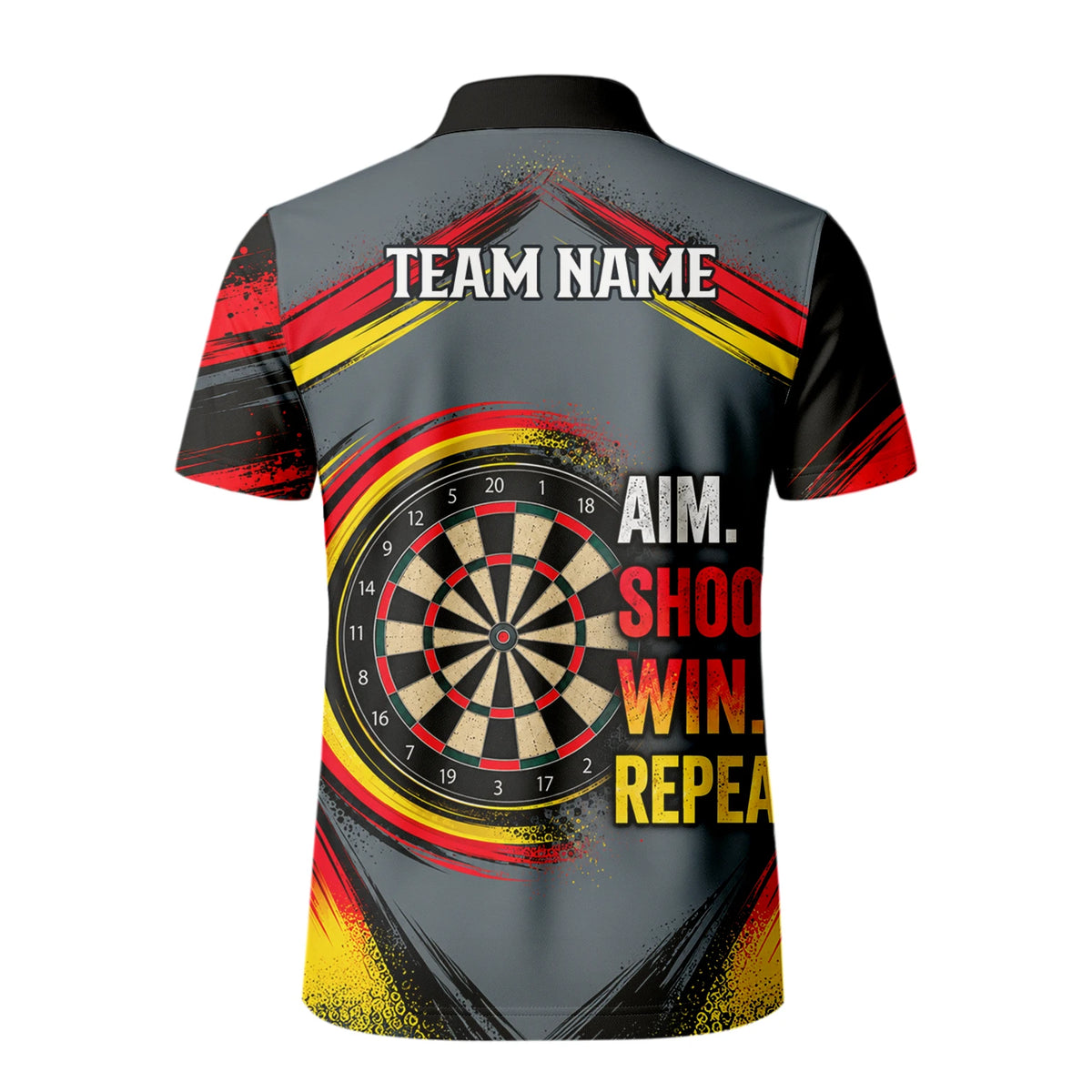 Personalisiertes Dartshirt in Grau, Schwarz, Rot und Gelb mit Dartpfeilen und Dartscheibe für Herren E2718