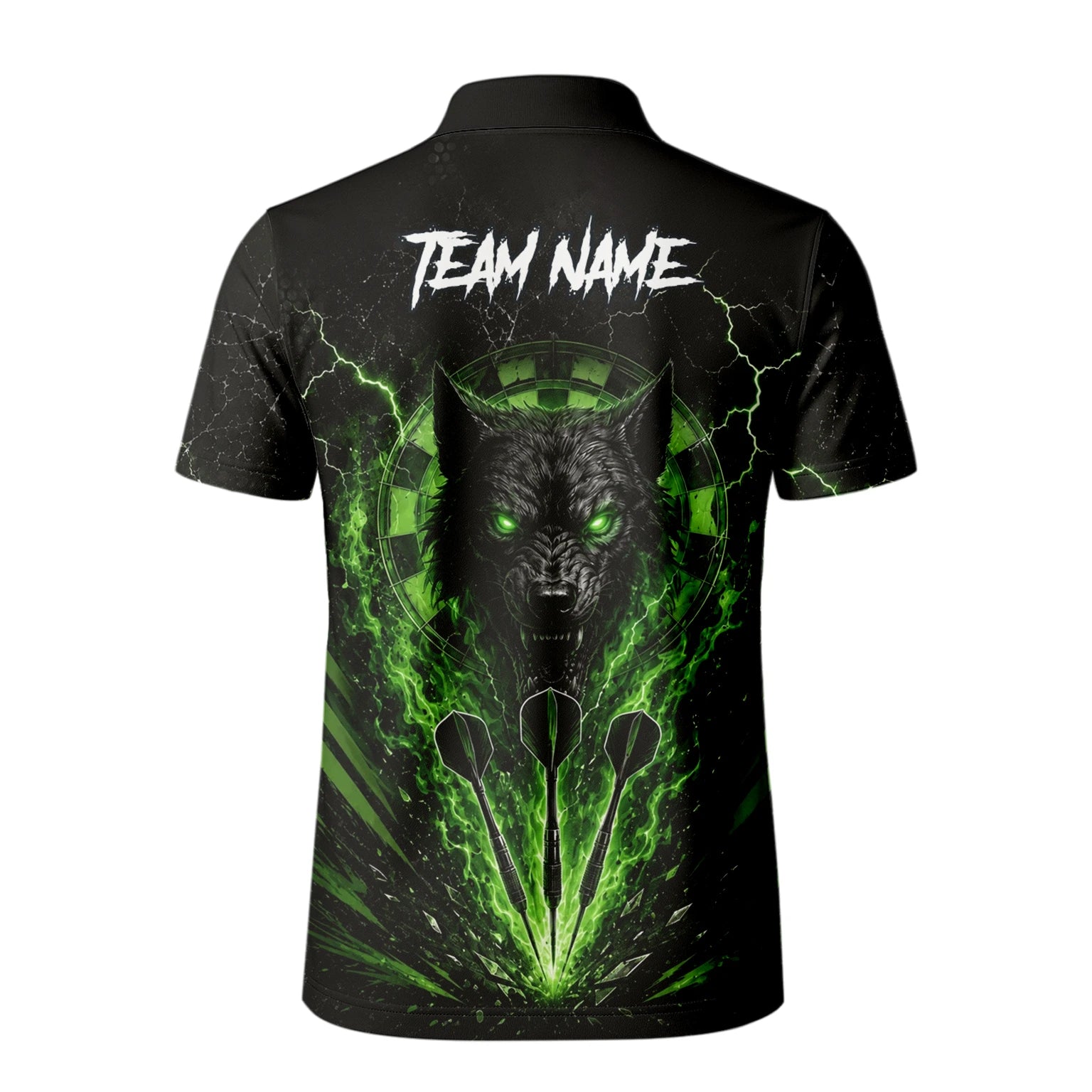 Personalisiertes Schwarz-grünes Wolf-Dartboard Dartshirt für Herren F303
