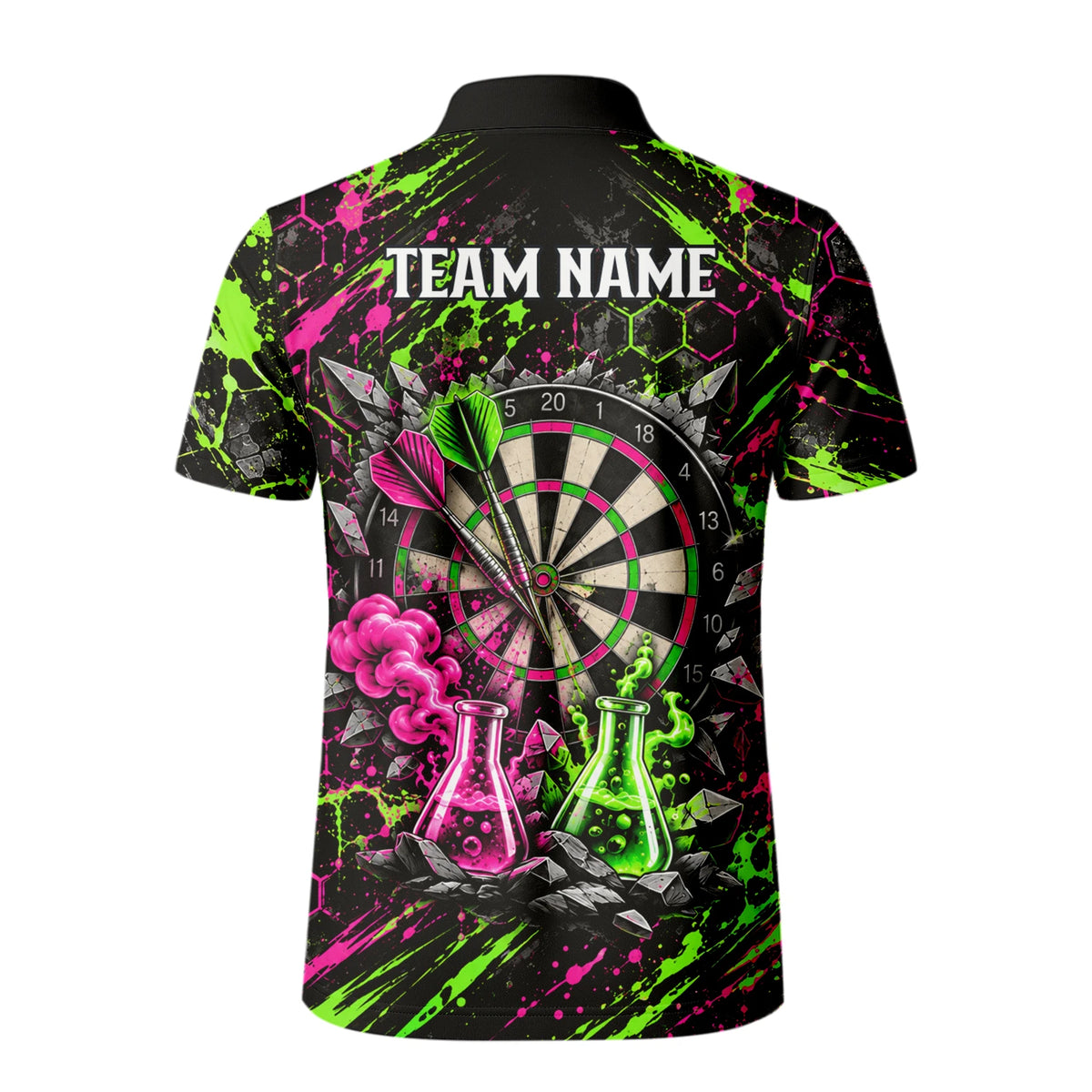 Personalisiertes Dartshirt in Schwarz, Grün und Pink mit verrücktem Wissenschaftler und Dartscheibe für Herren F9179