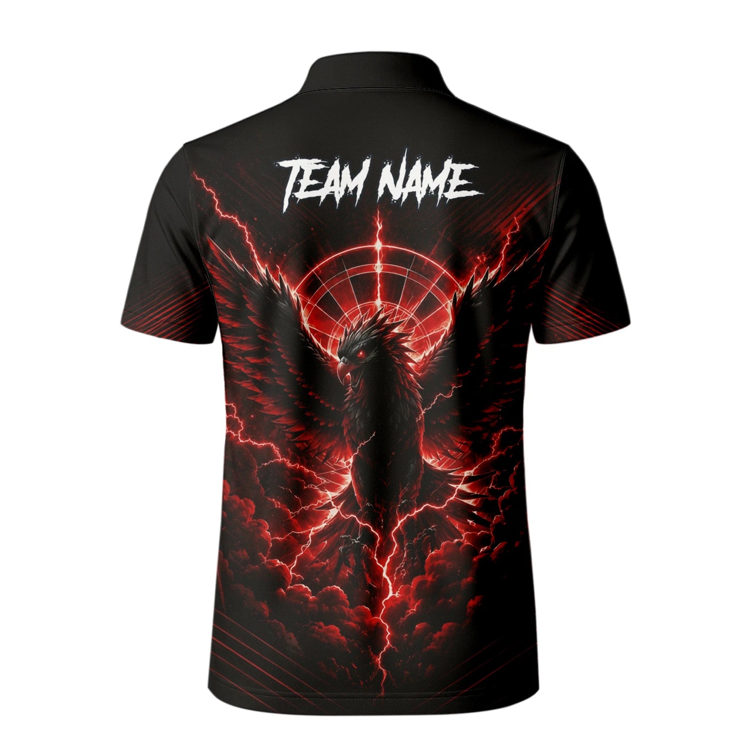 Personalisiertes Schwarz-rotes Phönix-Blitz-Dartboard Dartshirt für Herren J120