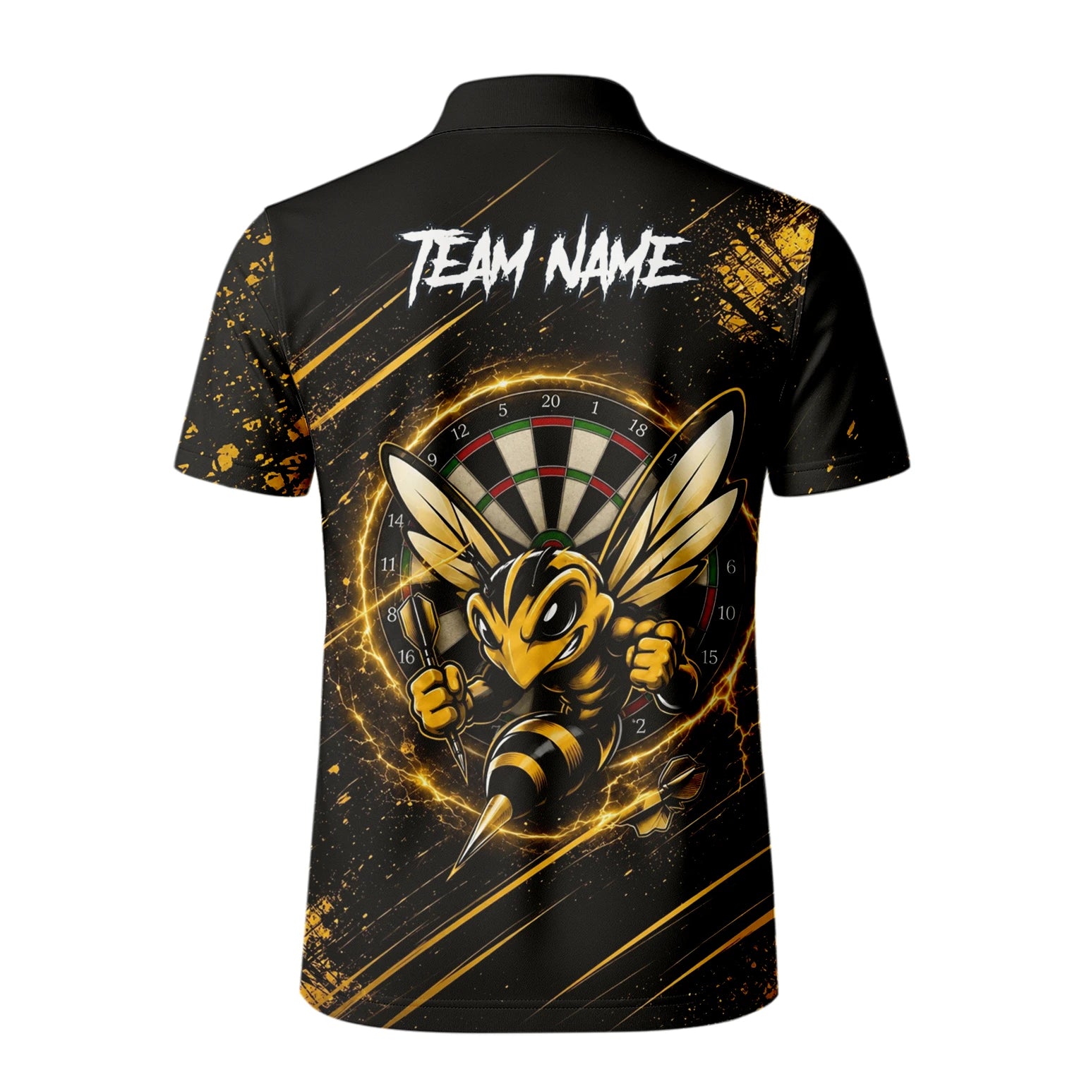 Personalisiertes Schwarz-goldenes Bienen-Dartboard Dartshirt für Herren L410