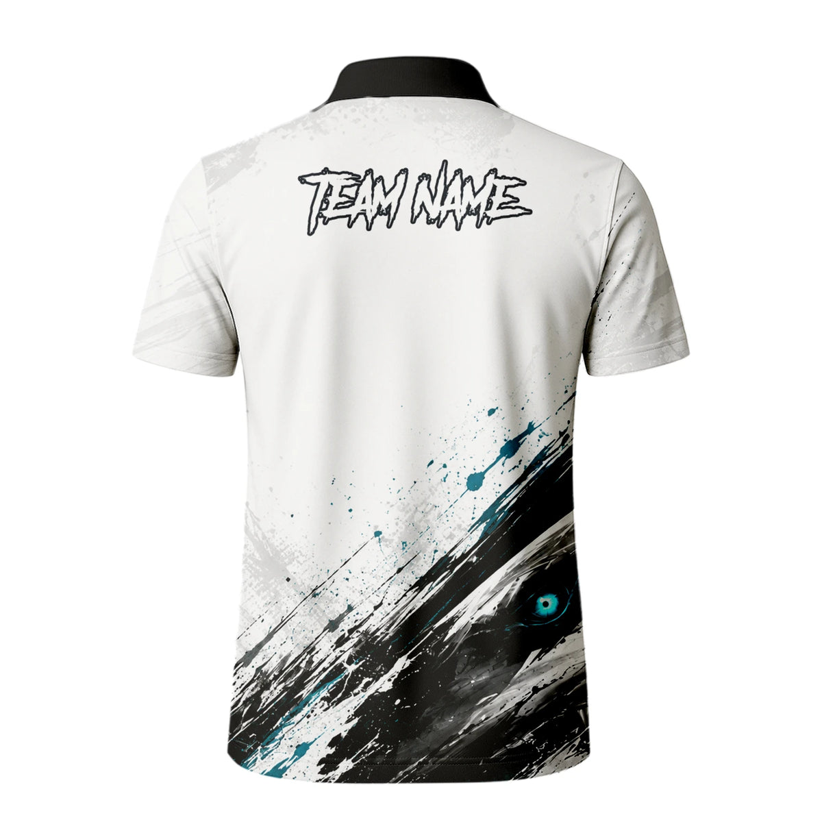 Personalisiertes Dartshirt mit weiß-schwarz-türkisem Hai für Herren D067