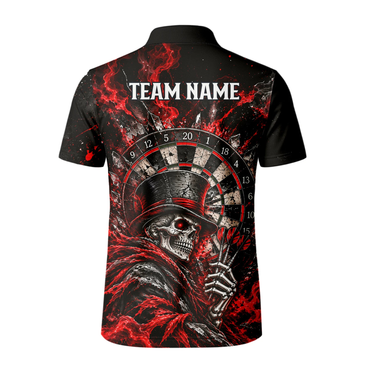 Personalisiertes Dartshirt in Schwarz und Rot mit Skelett, Zylinder, Dartpfeilen und Dartscheibe für Herren R5016