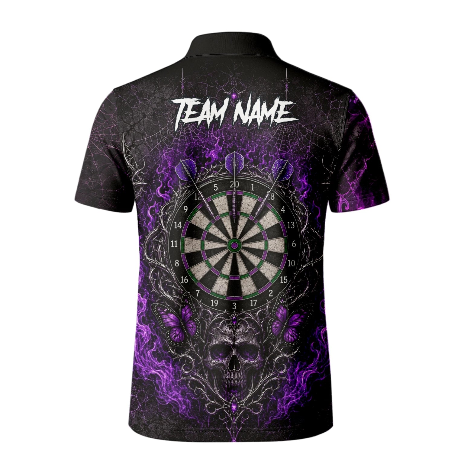 Personalisiertes Schwarz-lila Totenkopf-Schmetterling-Dartshirt für Herren Q241