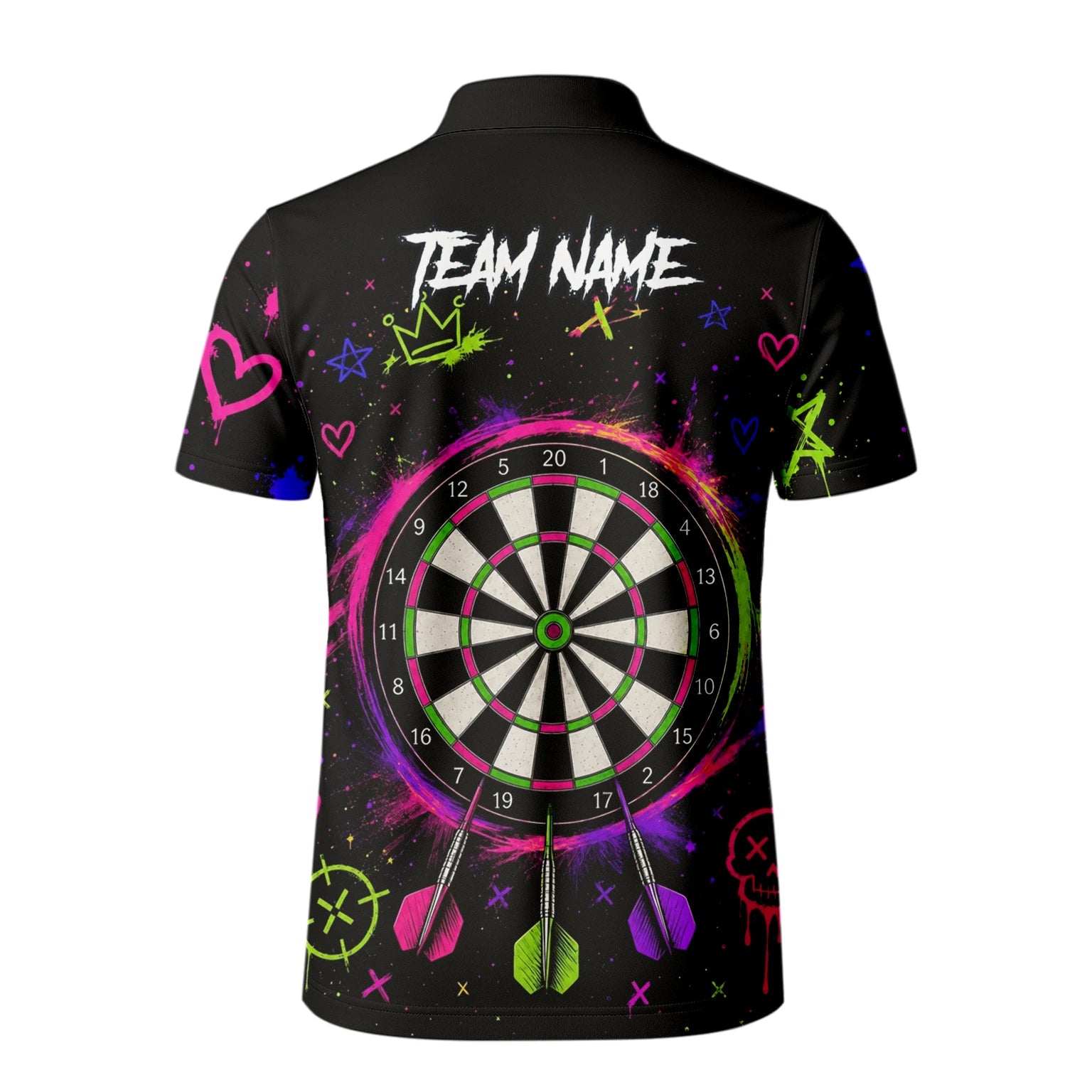 Personalisiertes Schwarz-neonfarbenes Sugar-Skull-Frauen-Dartshirt für Herren K745