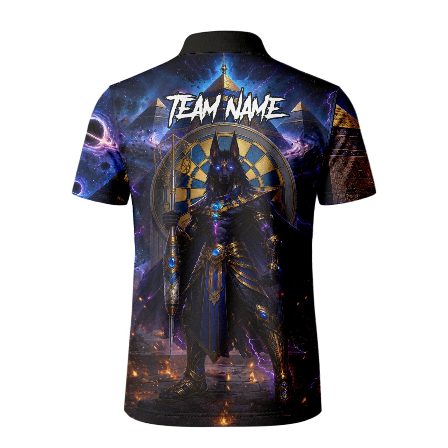 Personalisiertes Blau-gold-schwarzes Anubis-Dartshirt für Herren N118