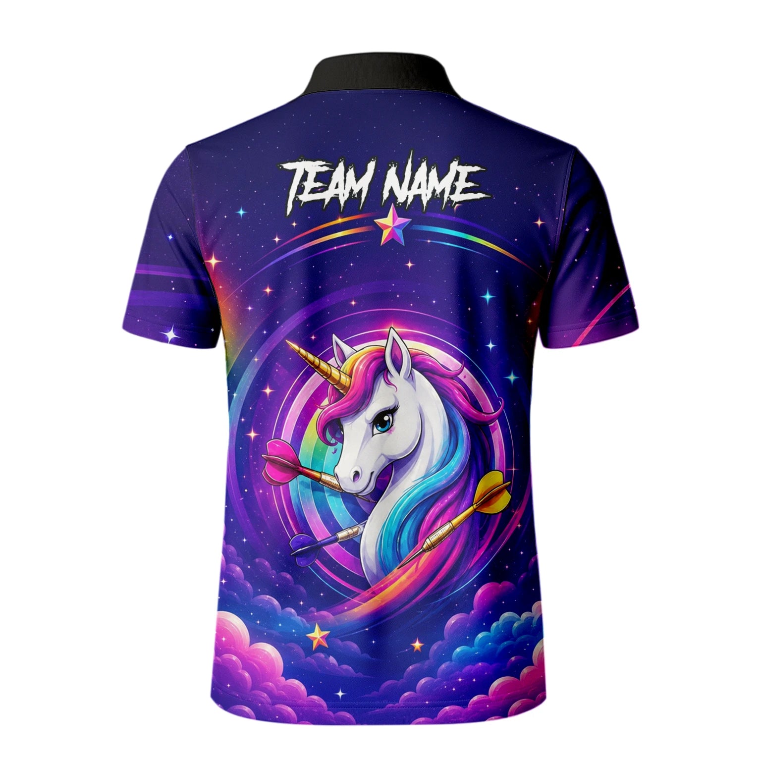 Personalisiertes Violettes Regenbogen-Einhorn-Dartshirt für Herren P431