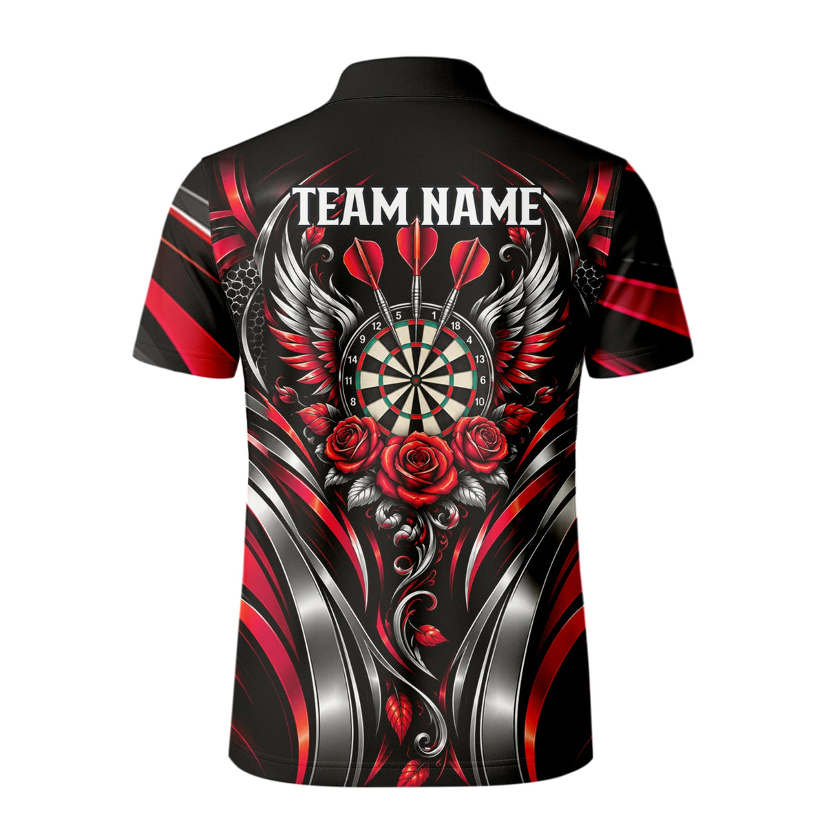 Personalisiertes Dartshirt in Schwarz, Rot und Silber mit Rosen, Flügeln und Dartscheibe für Herren Y2535