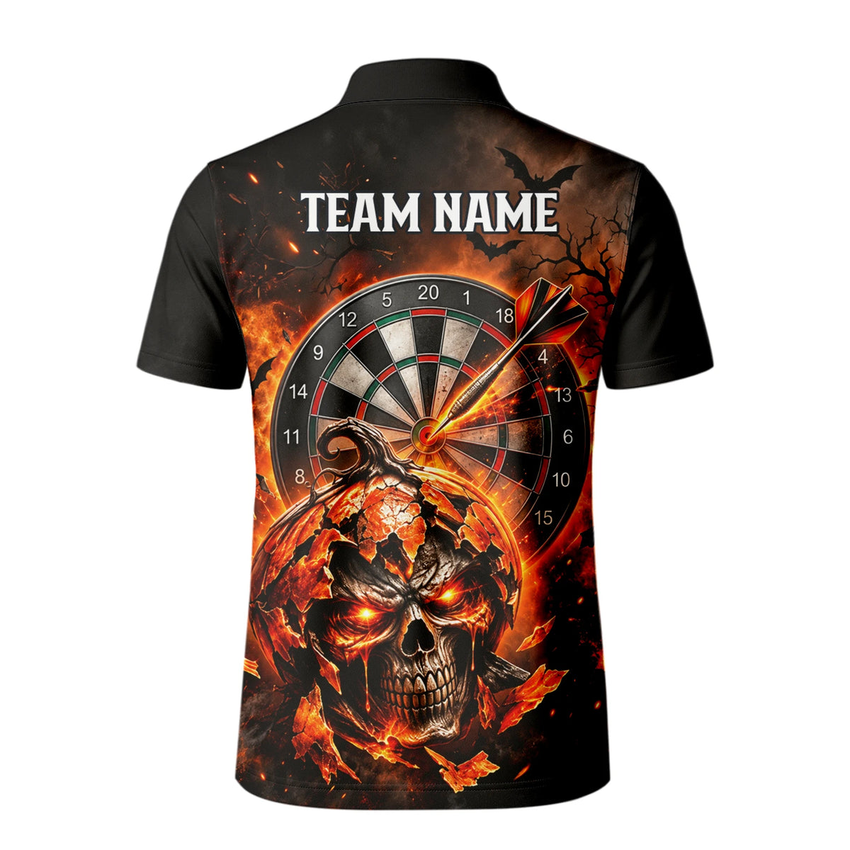 Personalisiertes Dartshirt in Schwarz und Orange mit flammendem Kürbis-Totenkopf und Dartscheibe für Herren S4076