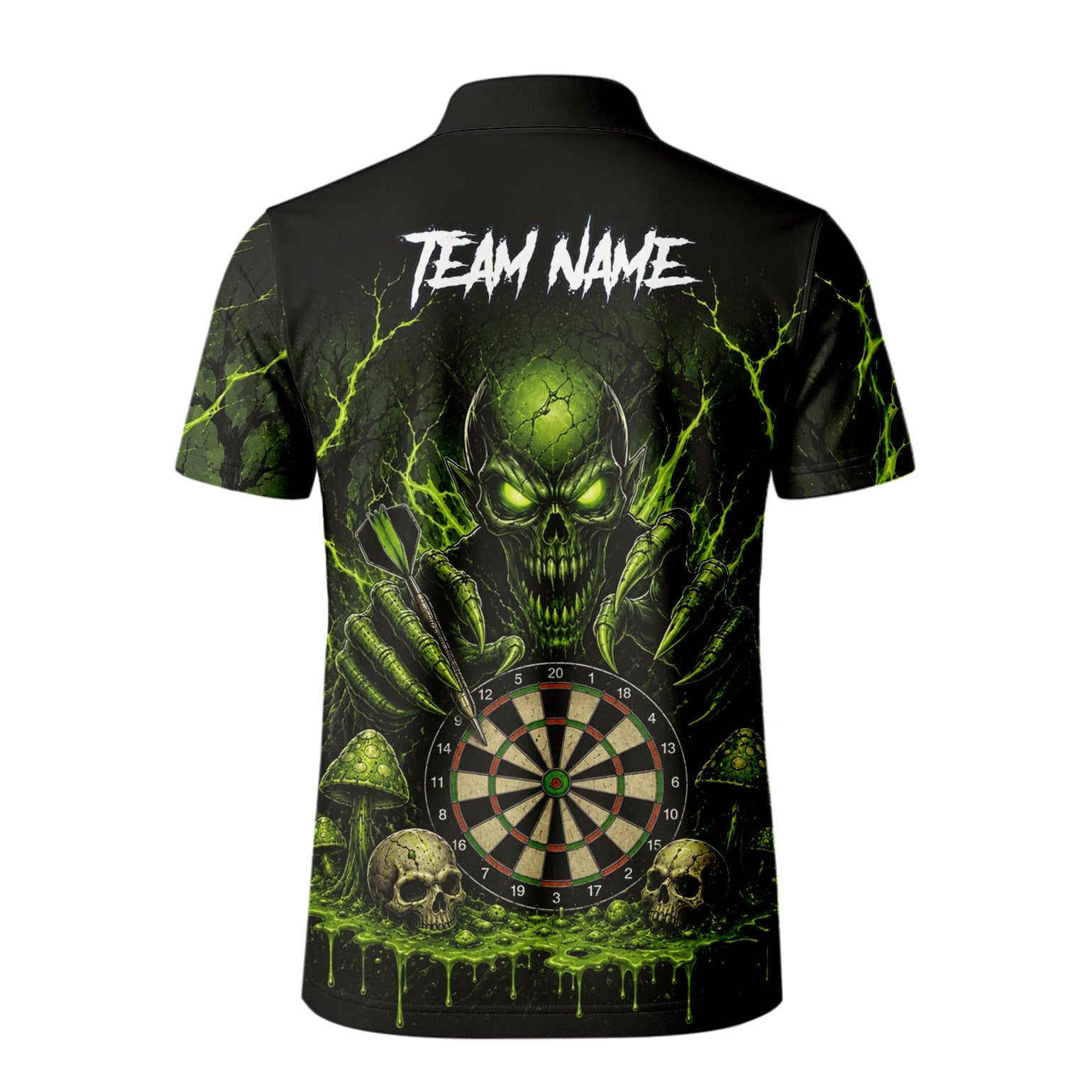 Personalisiertes Schwarz-grünes Monster-Totenkopf-Dartboard Dartshirt für Herren A277