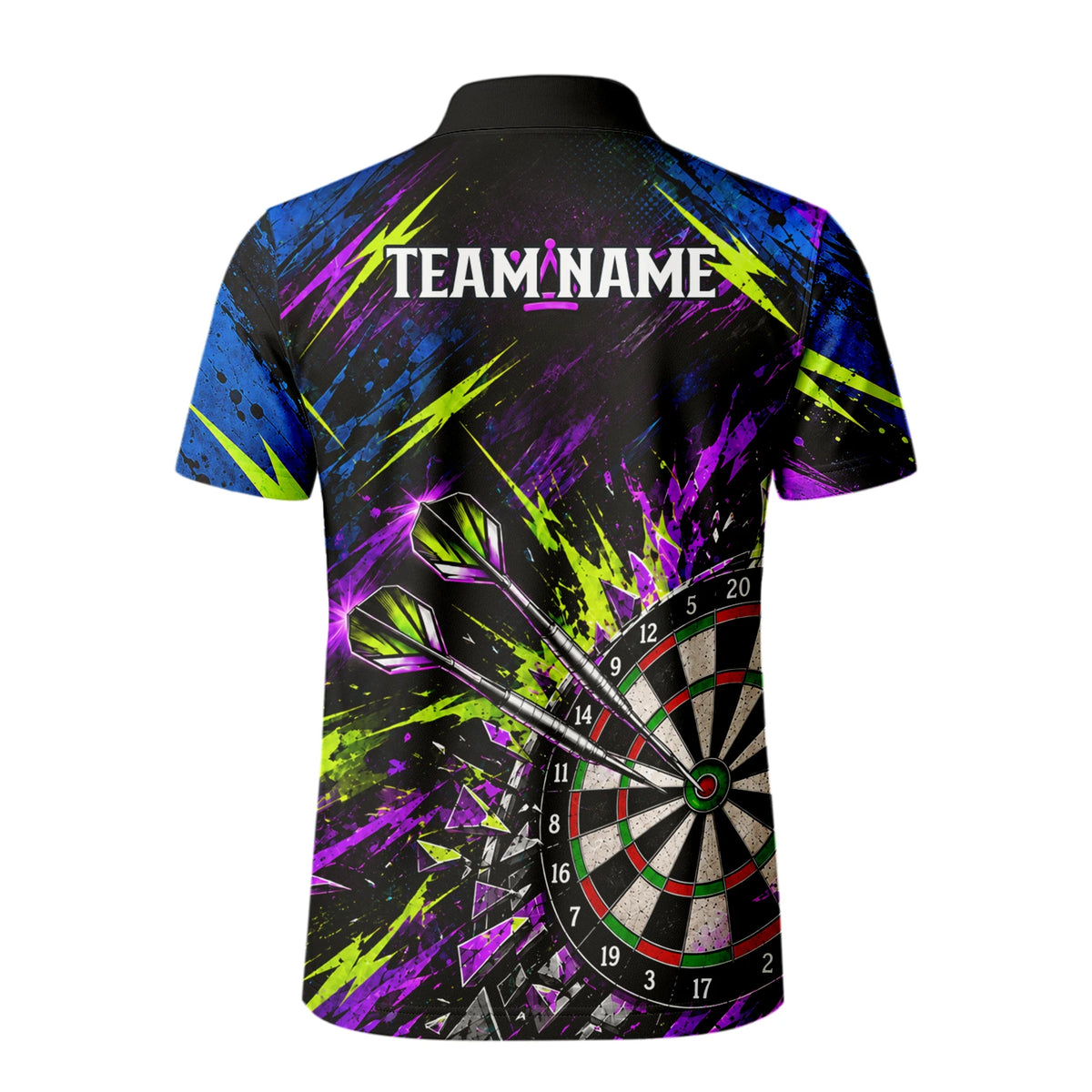 Personalisiertes Dartshirt in Schwarz, Grün und Lila mit grinsender Katze und Dartscheibe für Herren U0497