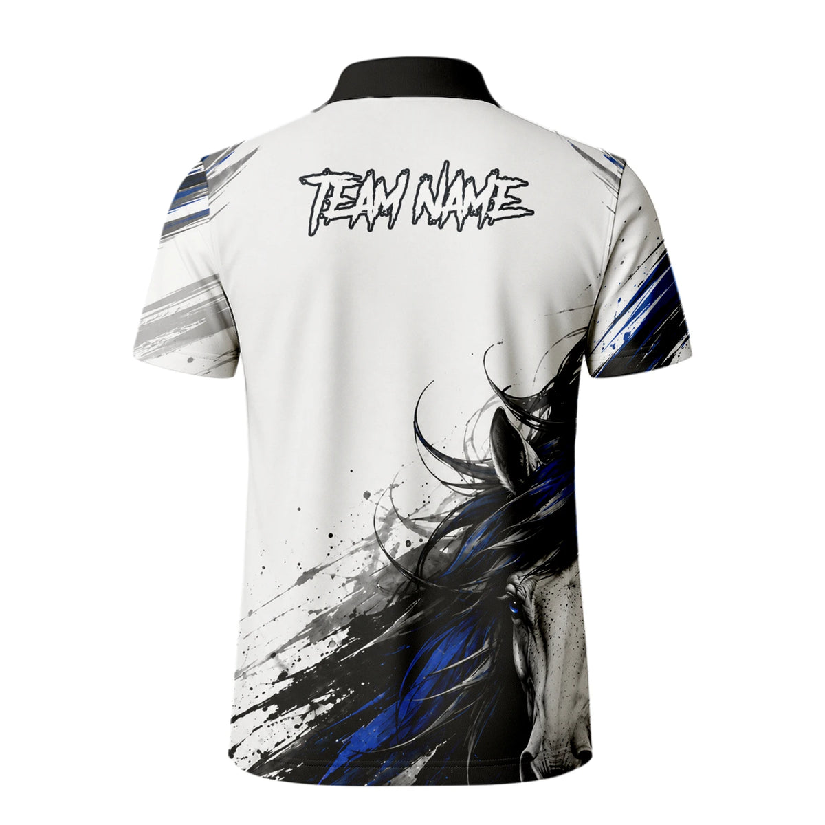 Personalisiertes Dartshirt mit weiß-schwarz-blauem steigenden Pferd für Herren O686