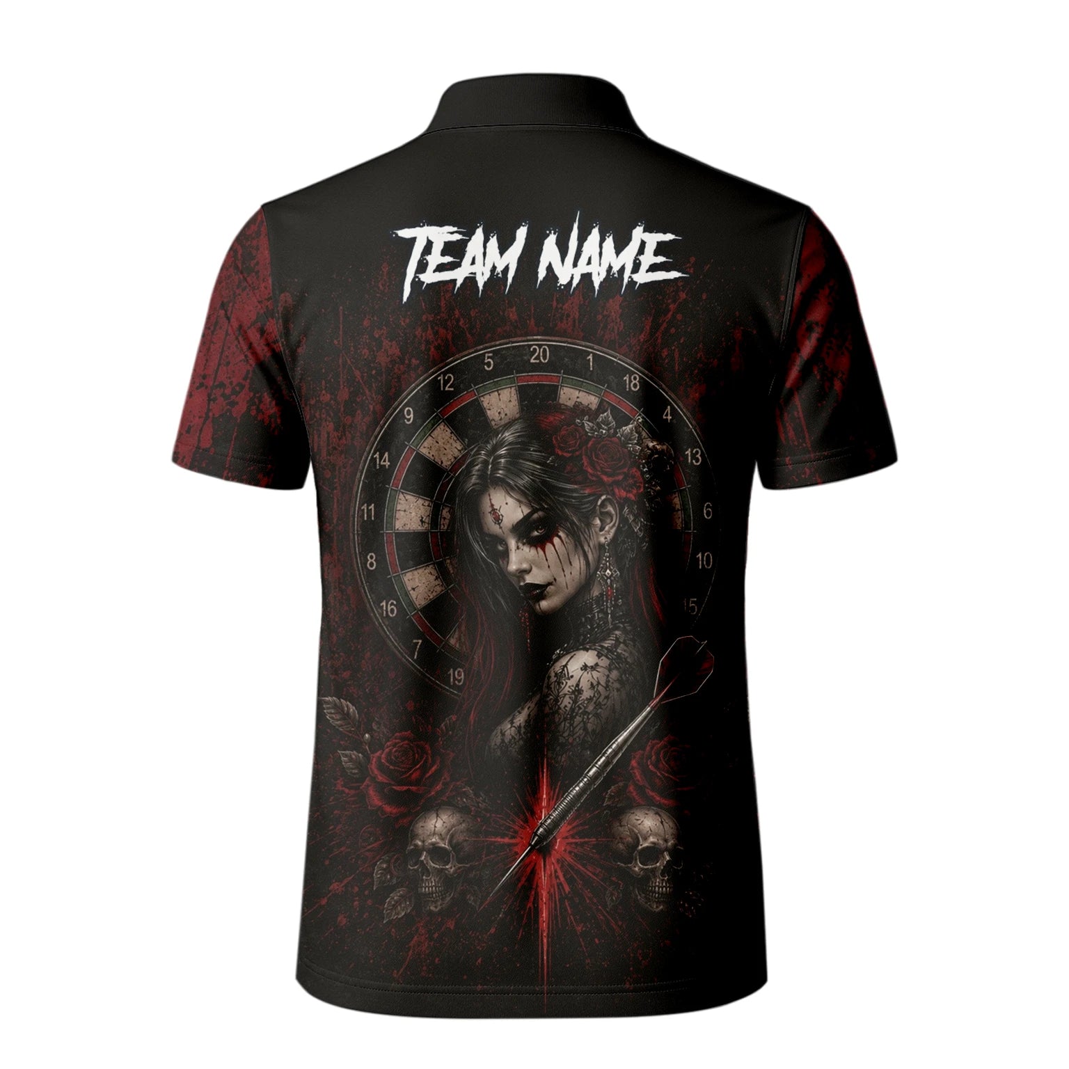 Personalisiertes Schwarz-rotes Gothic-Frauen-Totenkopf-Dartshirt für Herren W035