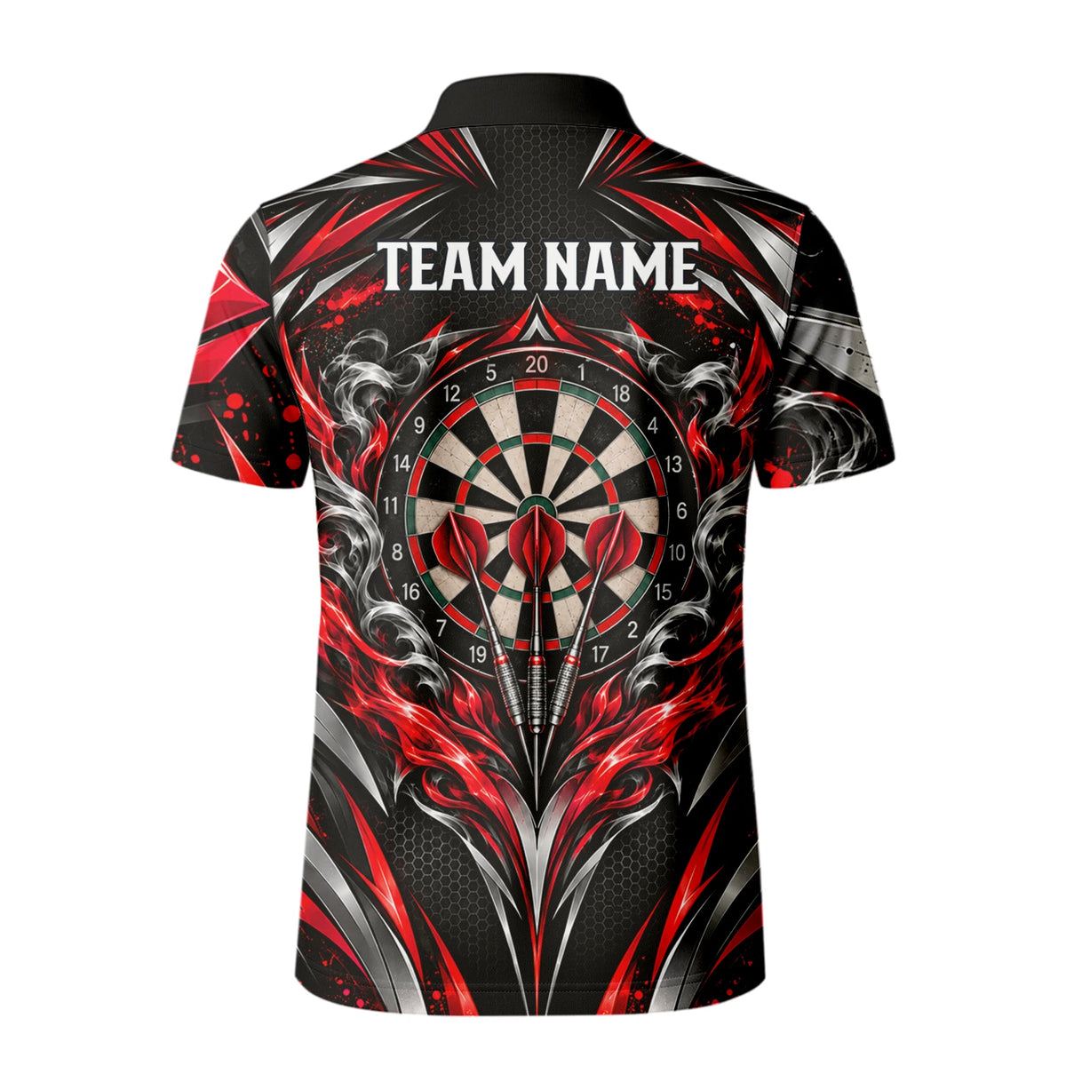 Personalisiertes Dartshirt in Schwarz, Rot und Silber mit geschwungenen Linien und Dartscheibe für Herren L9172