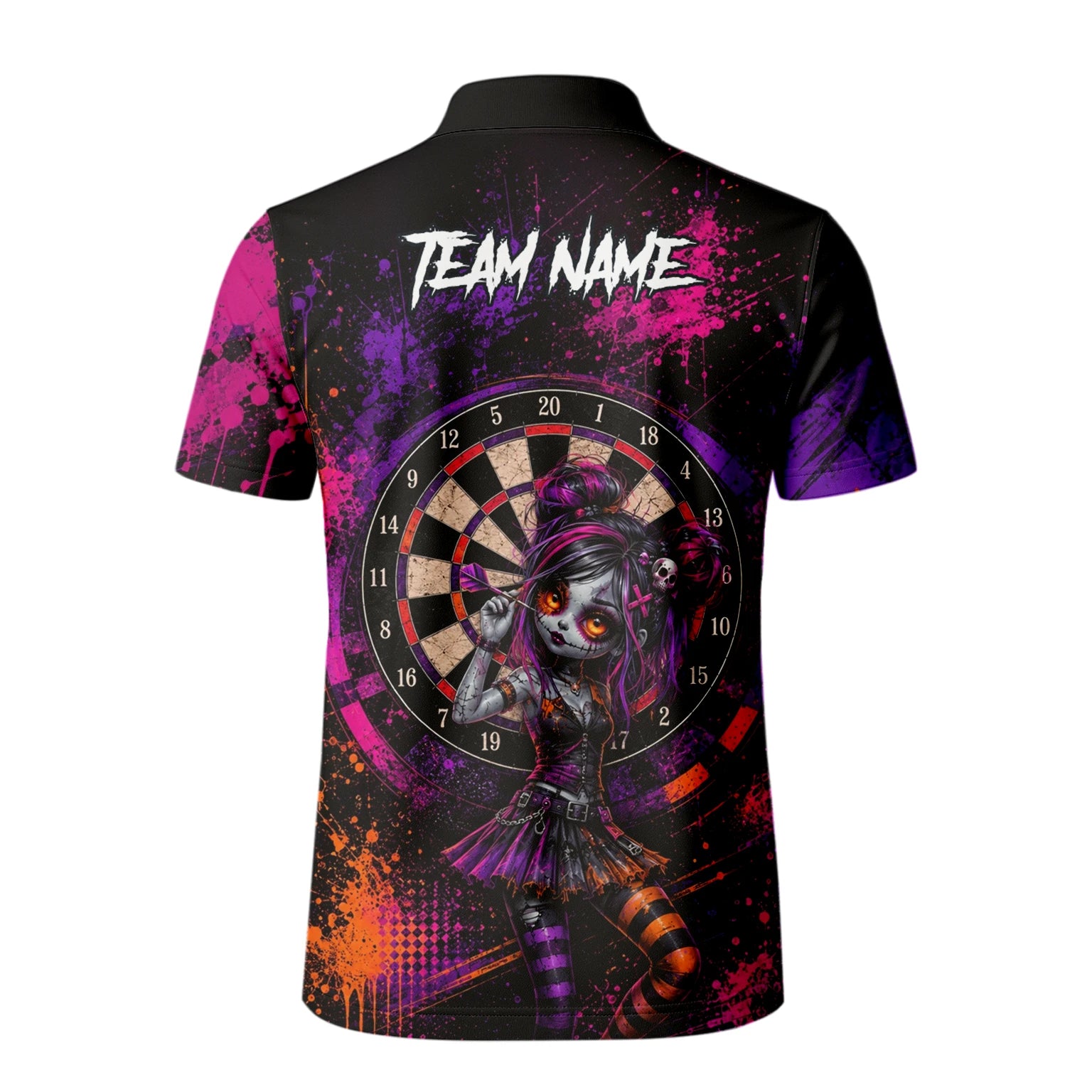 Personalisiertes Schwarz-lila-pink-oranges Gothic-Dartshirt für Herren Z641