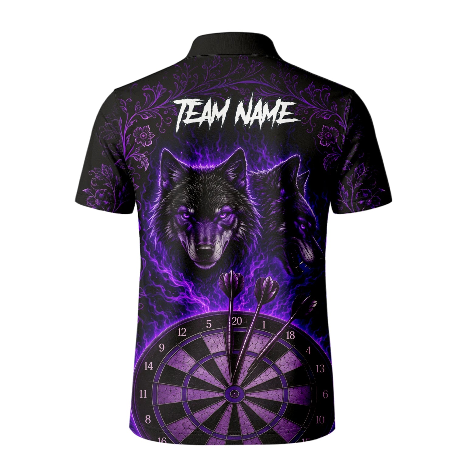 Personalisiertes Schwarz-lila Wolf-Dartboard Dartshirt für Herren J133